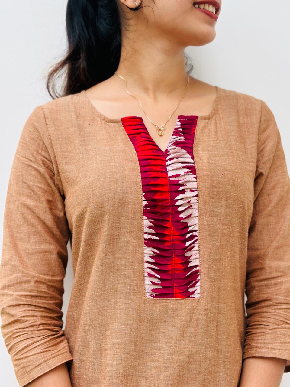 Rooh - Mangalgiri Pintuck  Mud Brown Red Patch Kurti