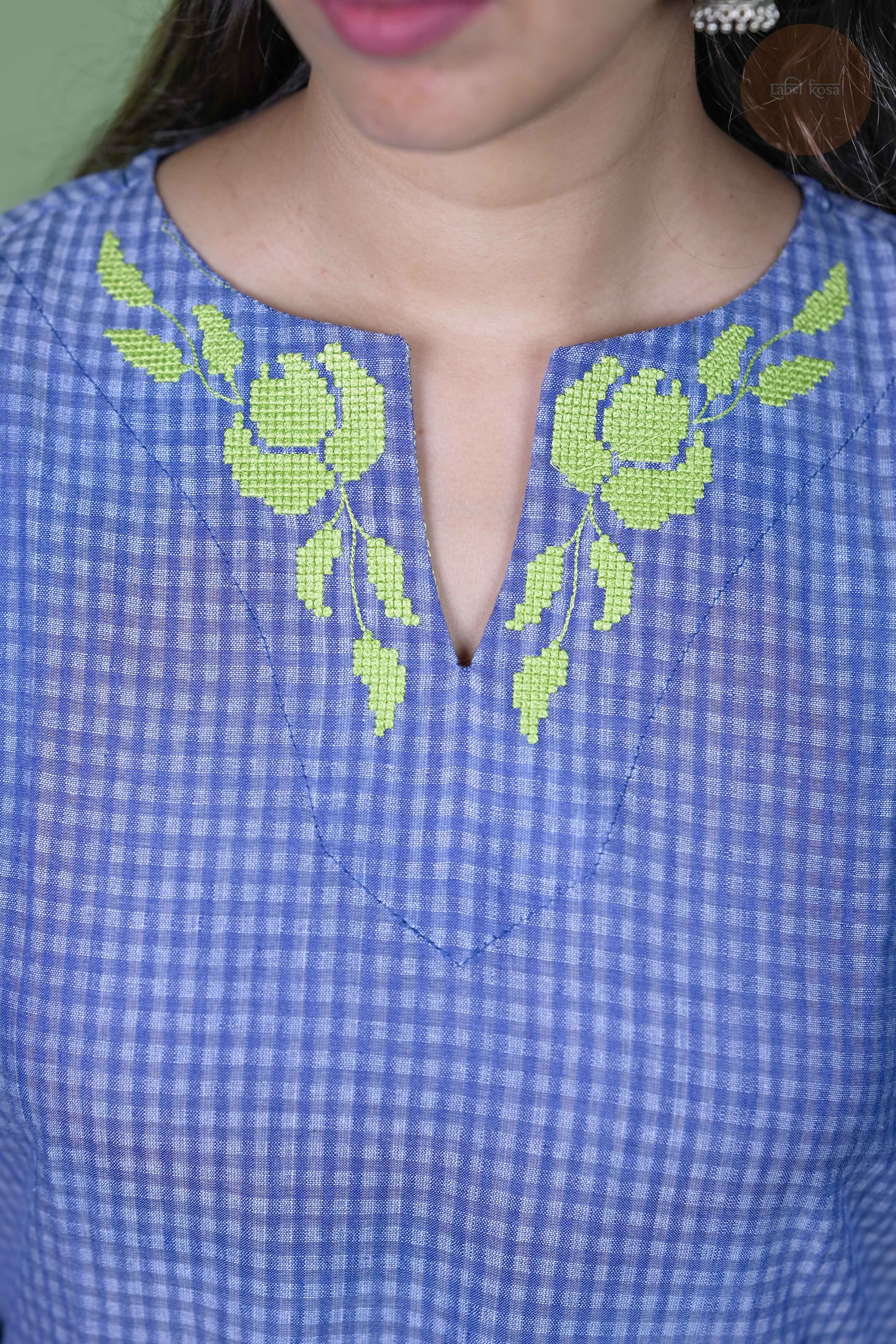 Raag -Self Check Cotton With Embroidery Blue Kurti