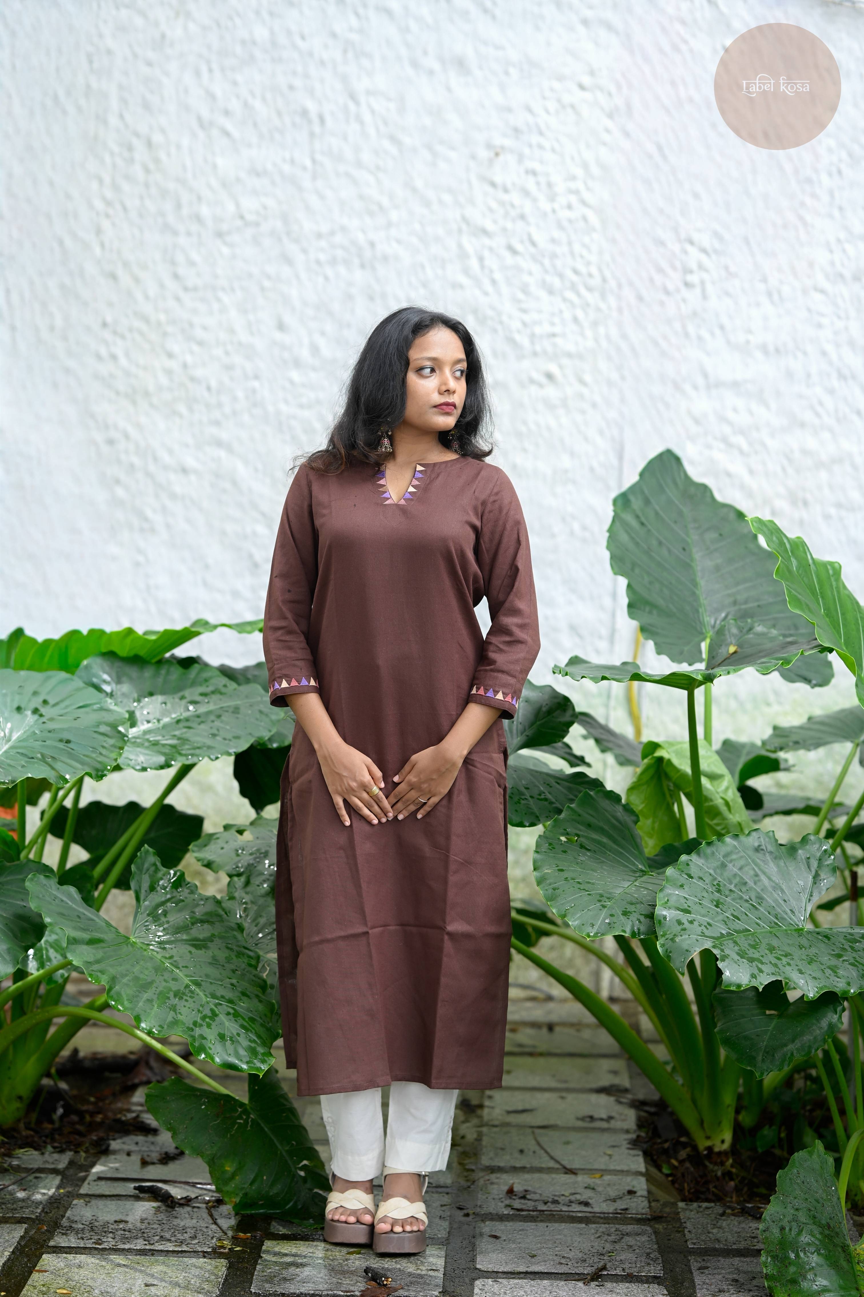 Triangle Edit - Cotton Flex With Embroidery Coffee Brown Kurti