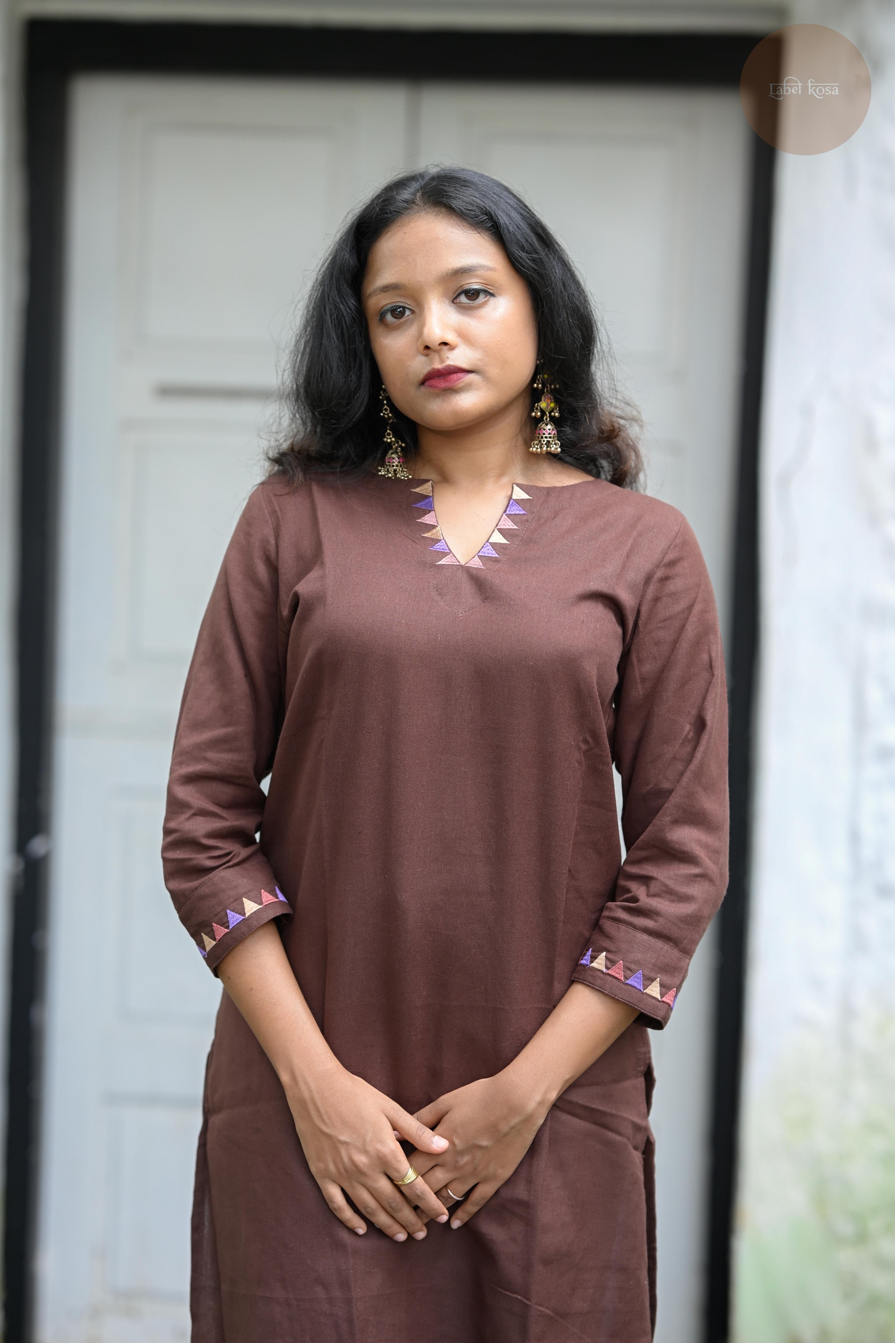 Triangle Edit - Cotton Flex With Embroidery Coffee Brown Kurti