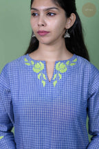 Raag -Self Check Cotton With Embroidery Blue Kurti