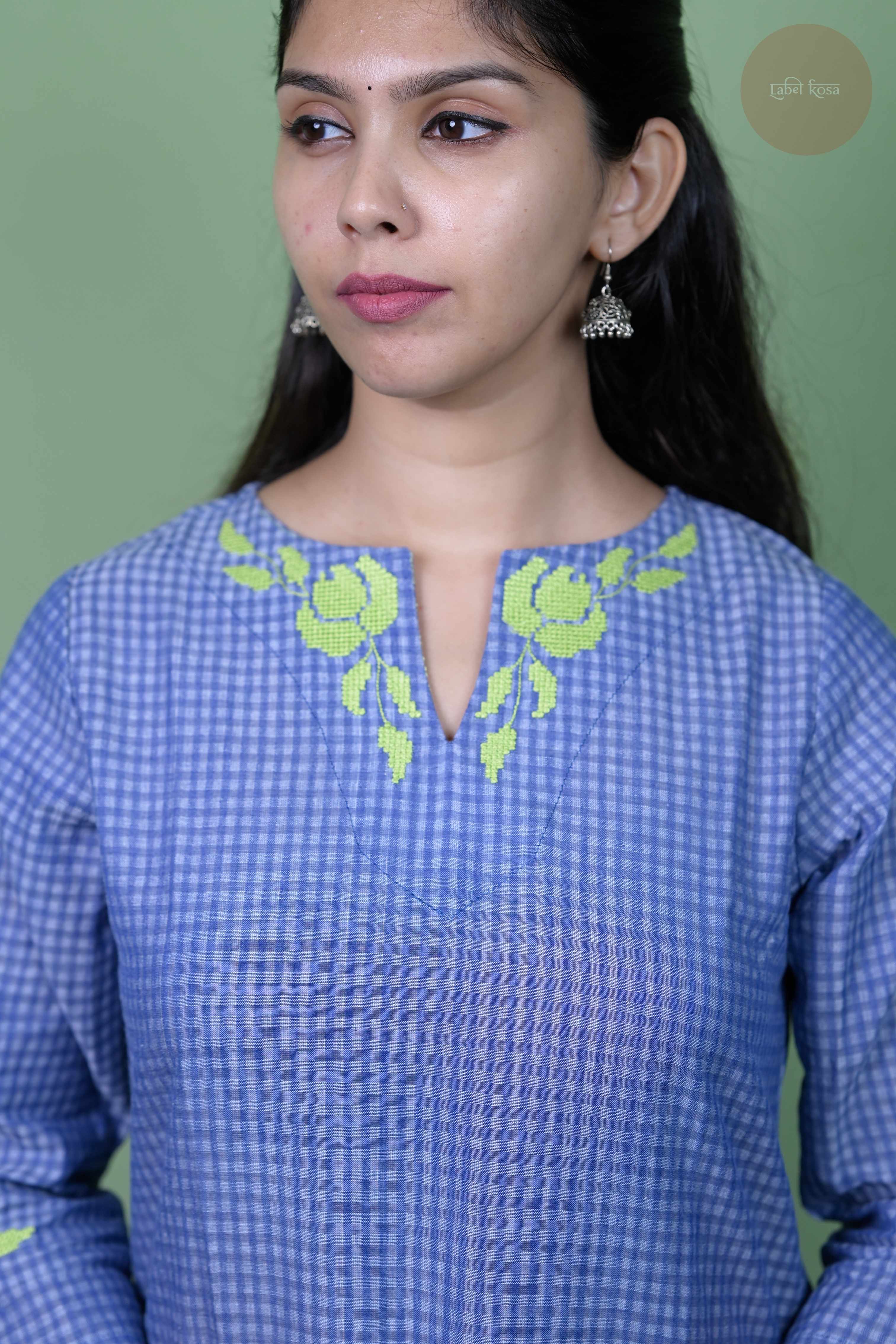 Raag -Self Check Cotton With Embroidery Blue Kurti