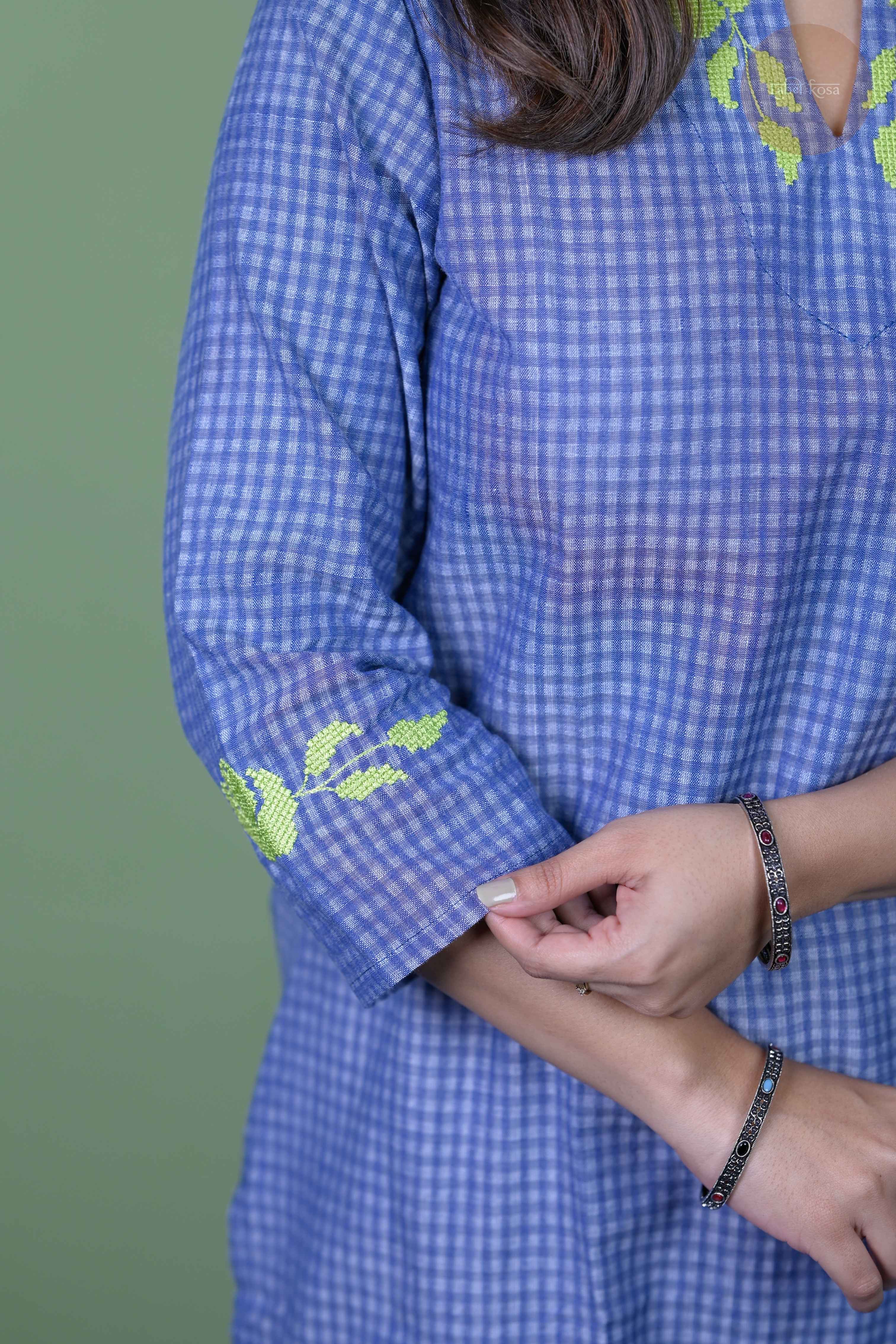 Raag -Self Check Cotton With Embroidery Blue Kurti