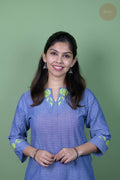 Raag -Self Check Cotton With Embroidery Blue Kurti