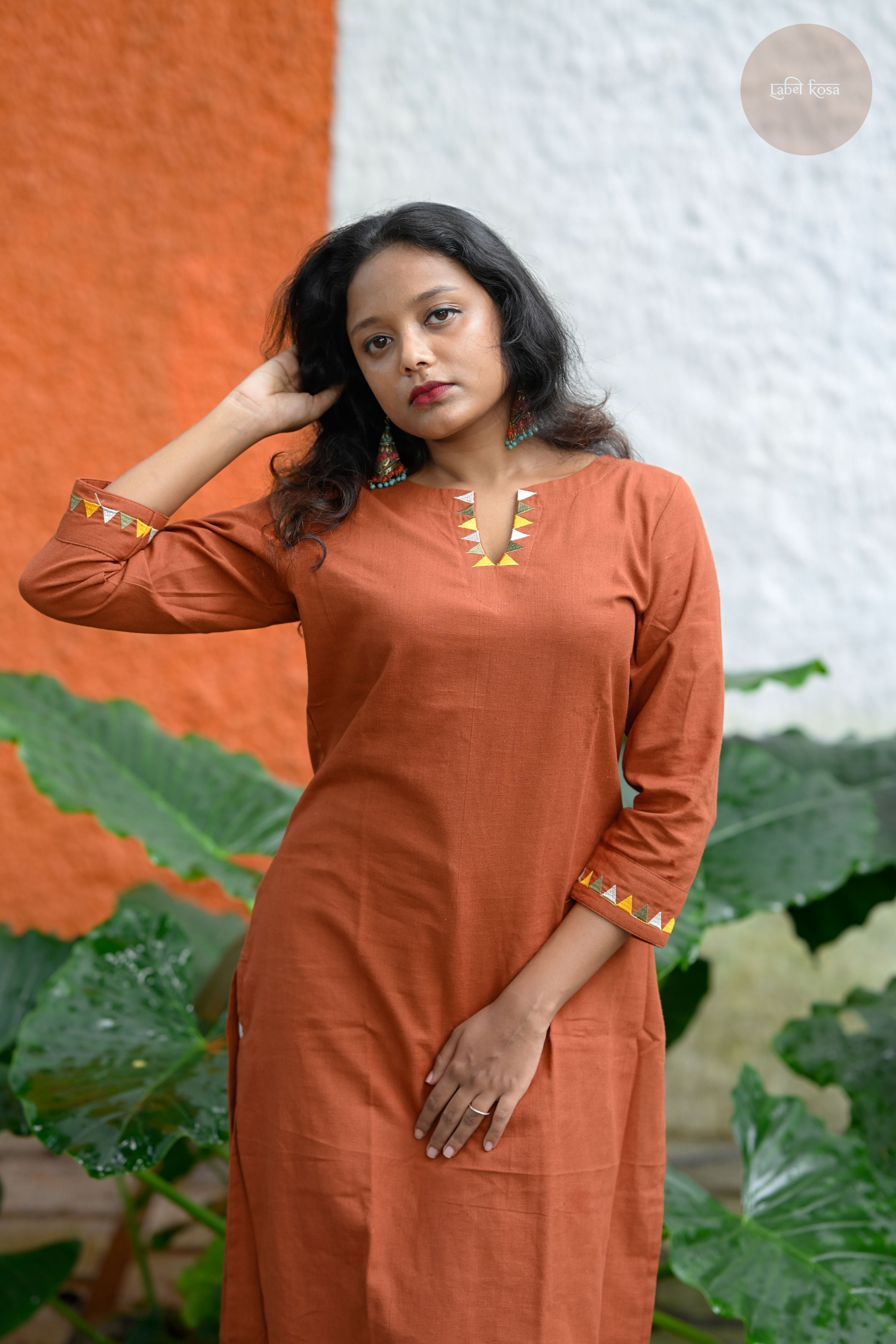 Triangle Edit - Cotton Flex With Embroidery Terracotta Kurti