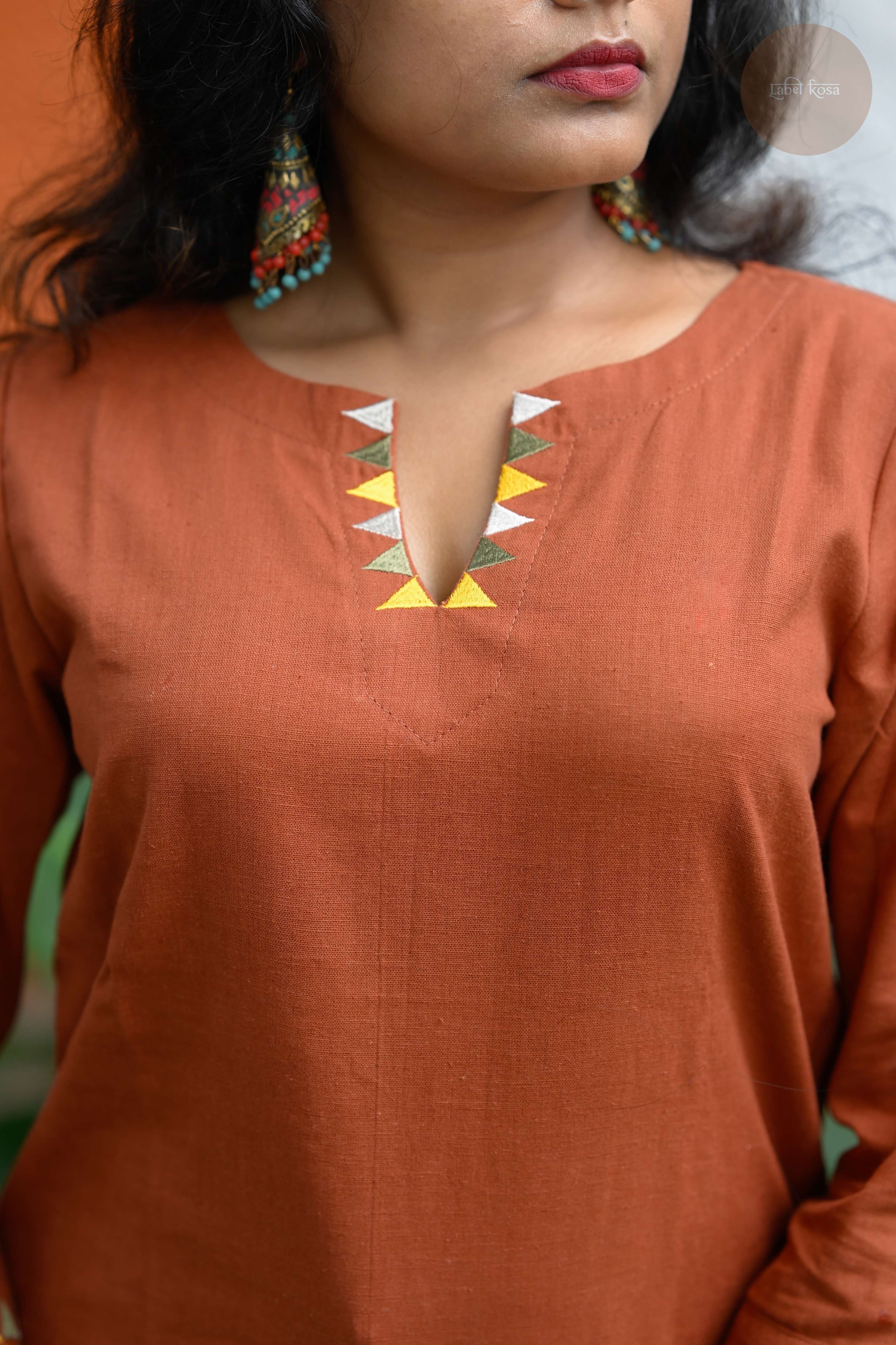 Triangle Edit - Cotton Flex With Embroidery Terracotta Kurti