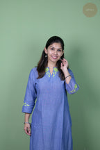 Raag -Self Check Cotton With Embroidery Blue Kurti