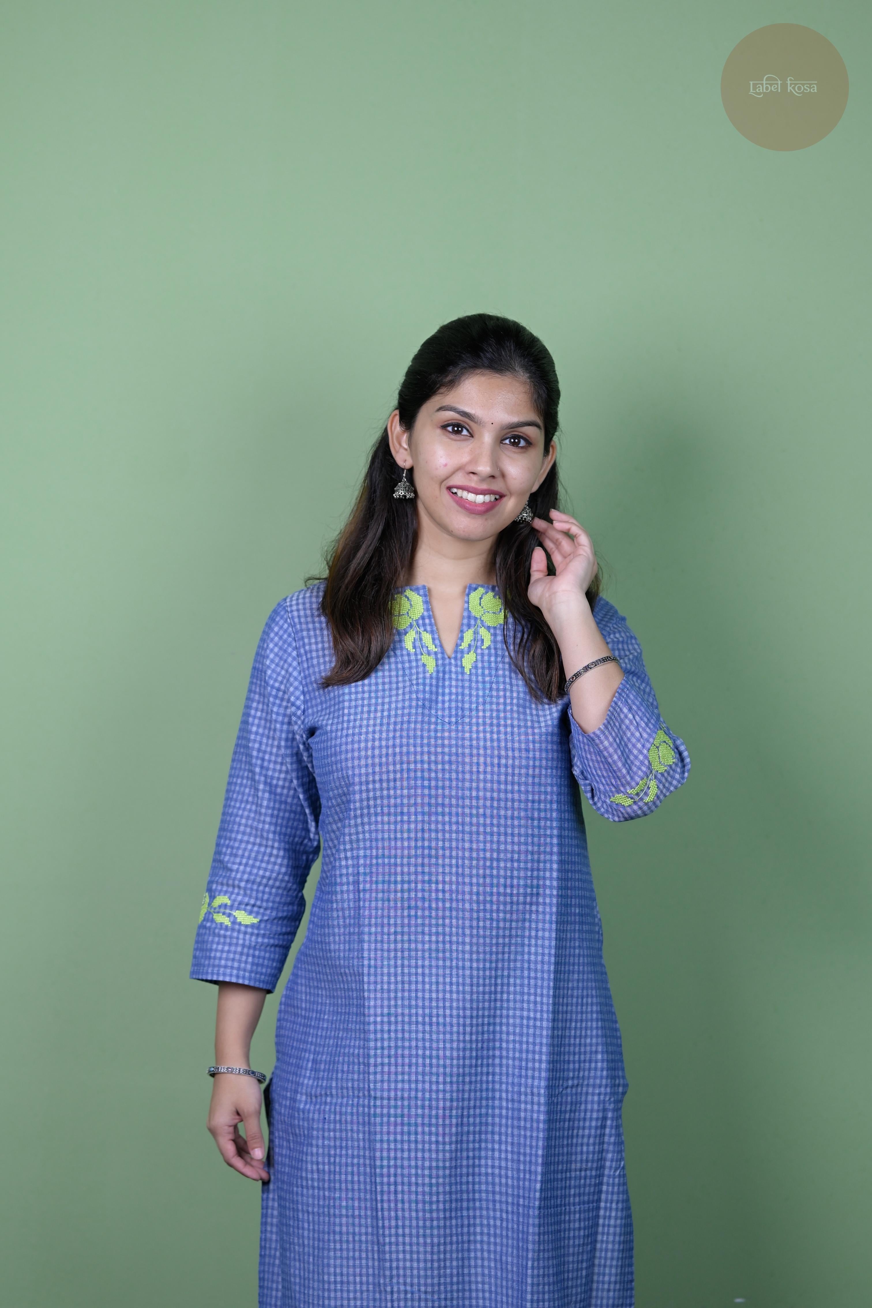 Raag -Self Check Cotton With Embroidery Blue Kurti