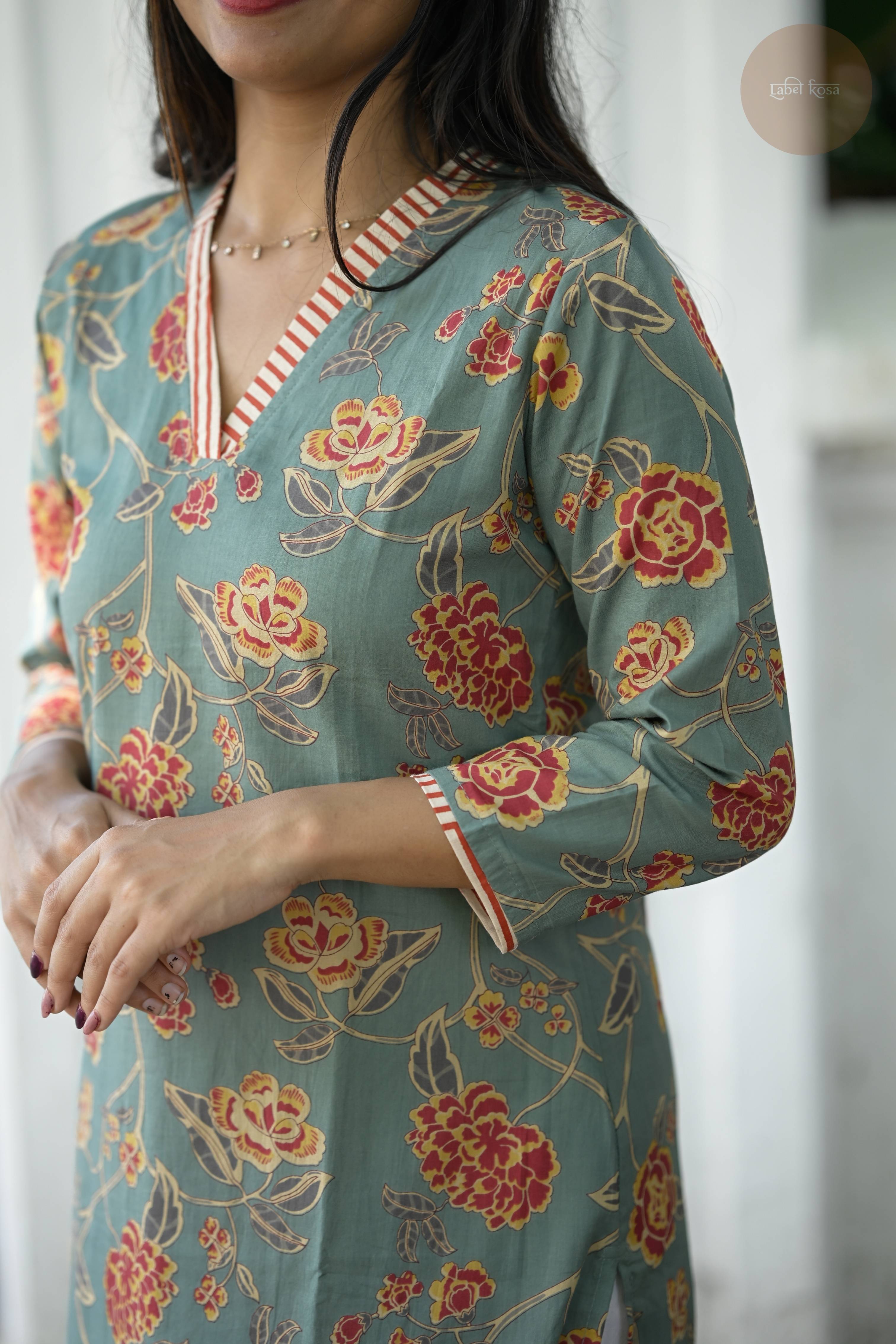 Taal - Screen Print Cotton Green Floral Kurti