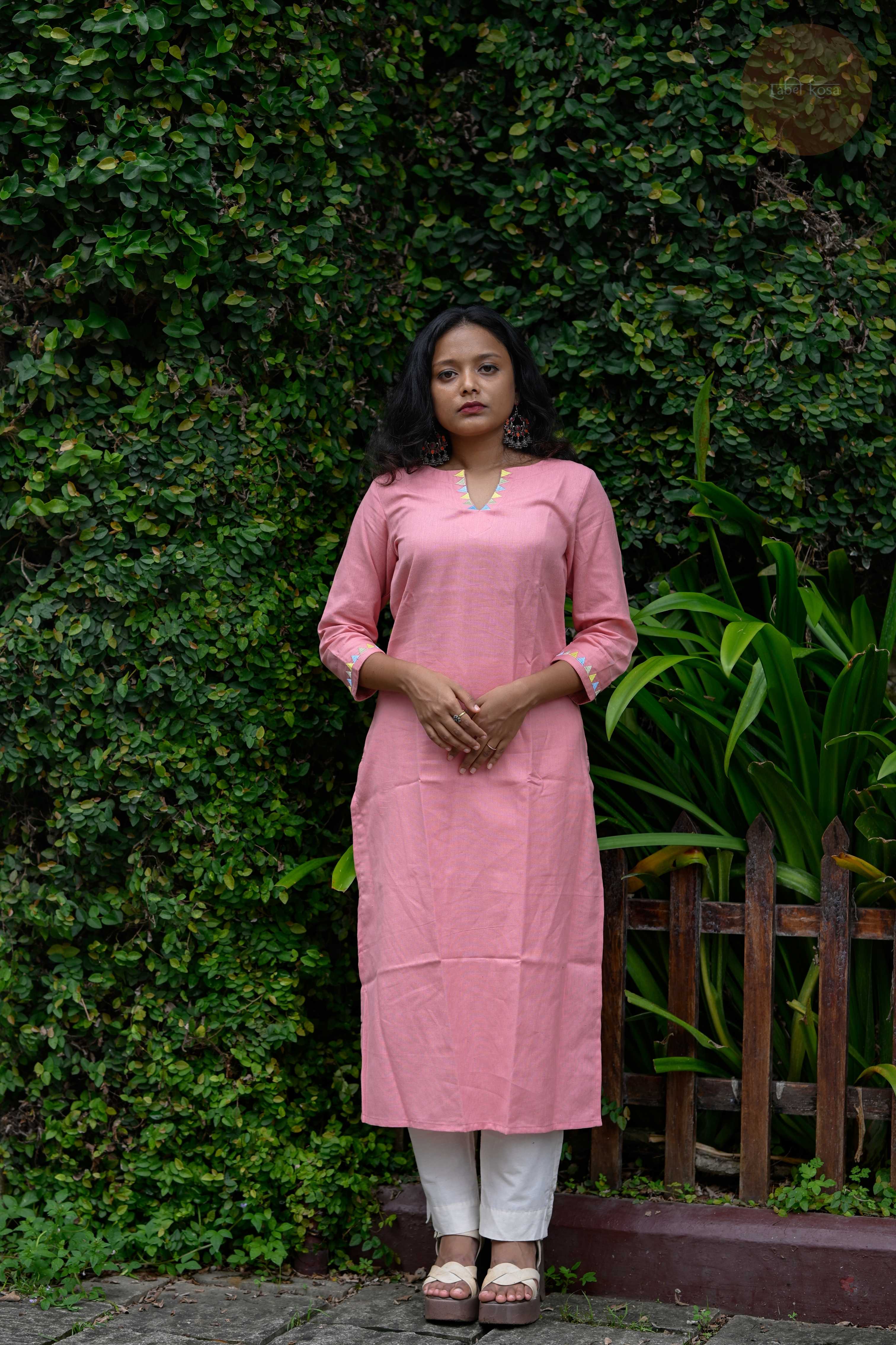 Triangle Edit - Cotton Flex With Embroidery Pink Kurti