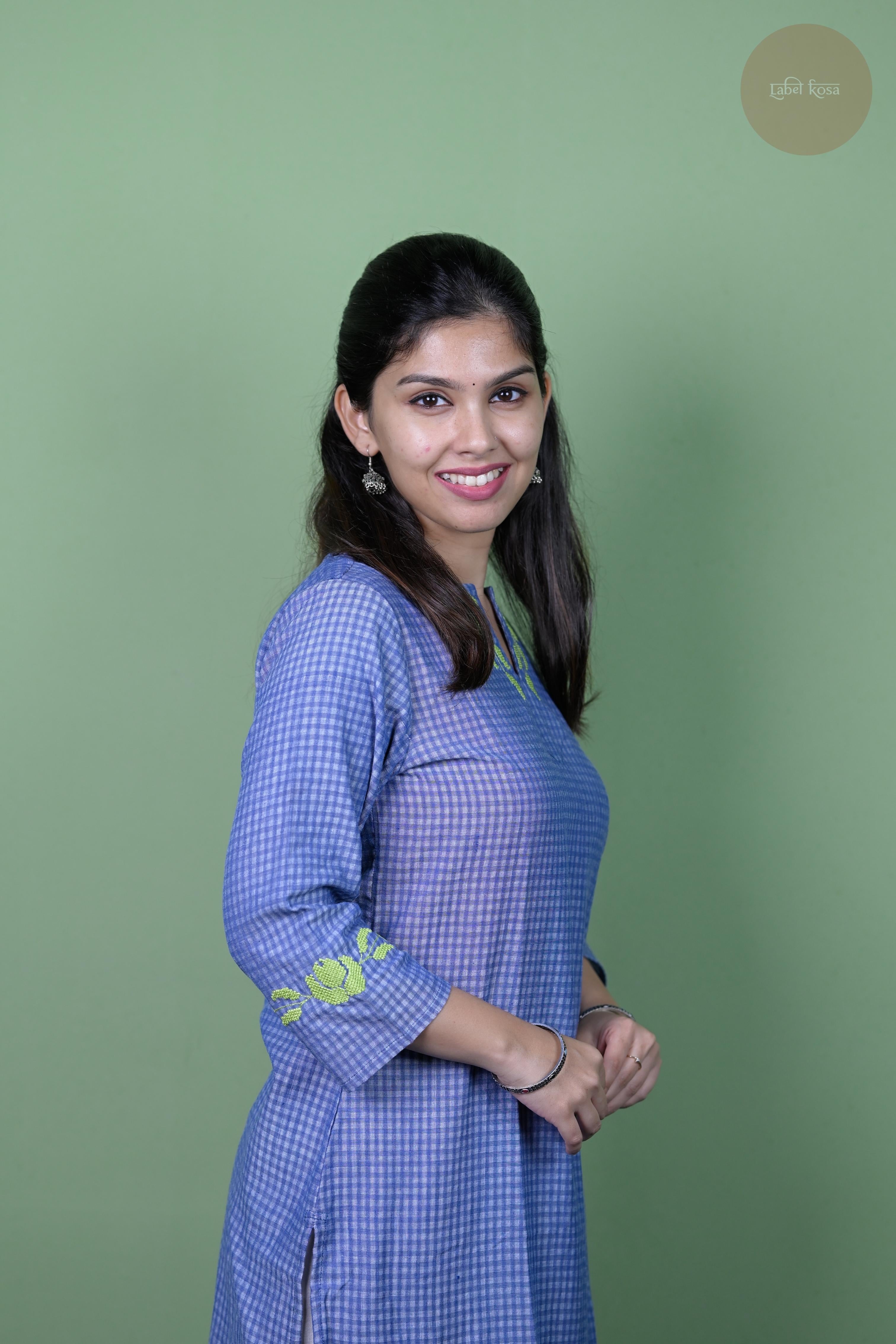Raag -Self Check Cotton With Embroidery Blue Kurti