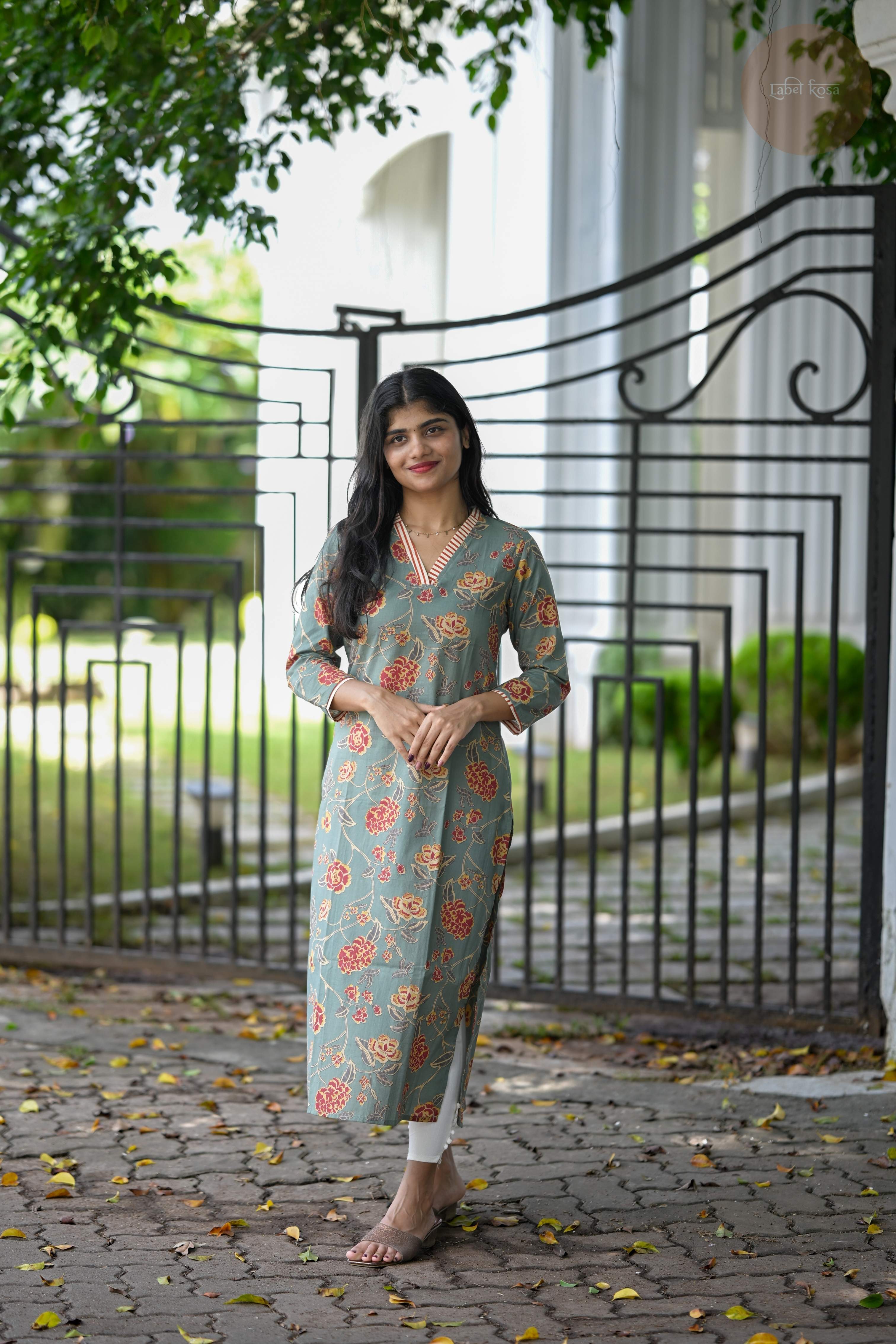 Taal - Screen Print Cotton Green Floral Kurti