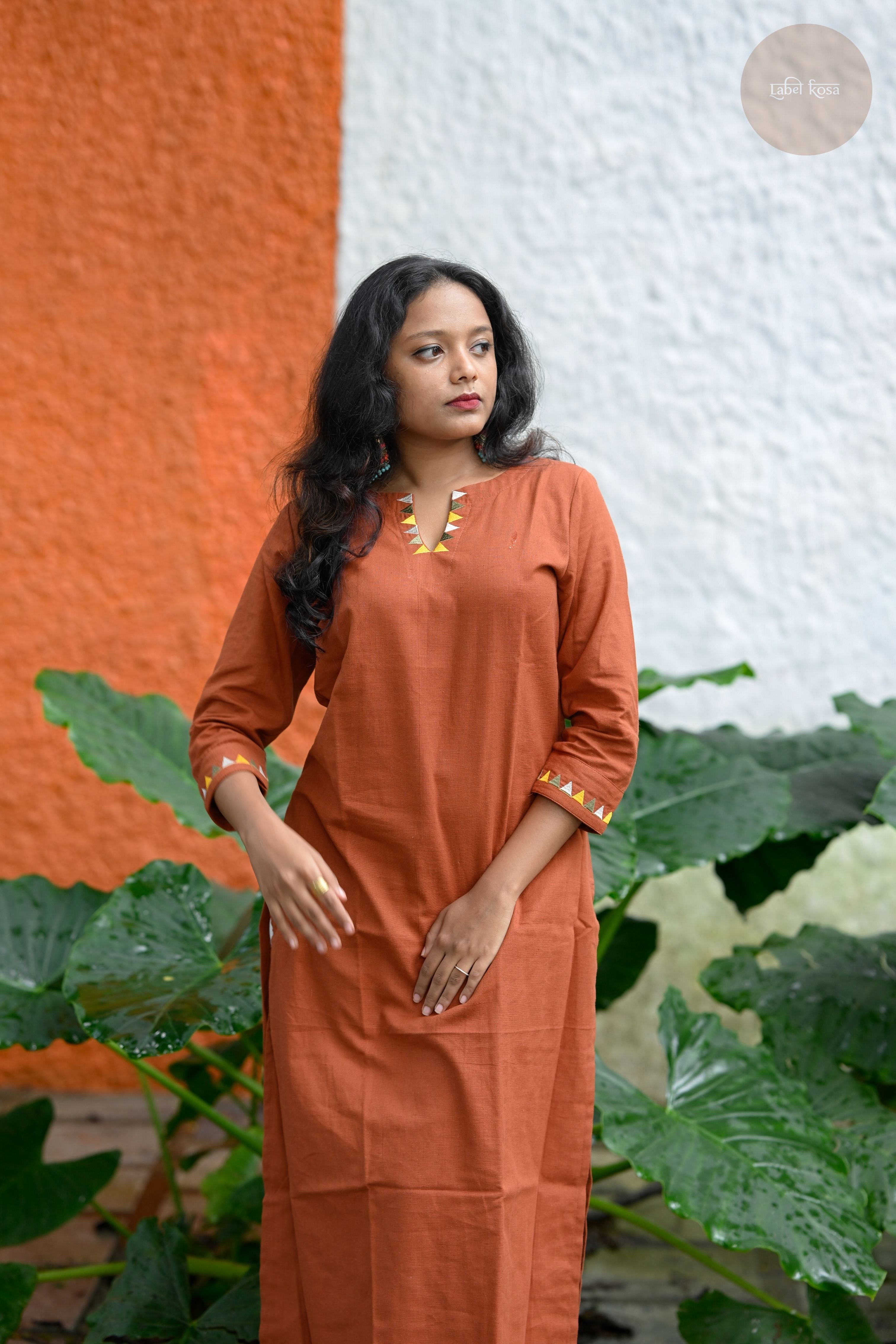 Triangle Edit - Cotton Flex With Embroidery Terracotta Kurti