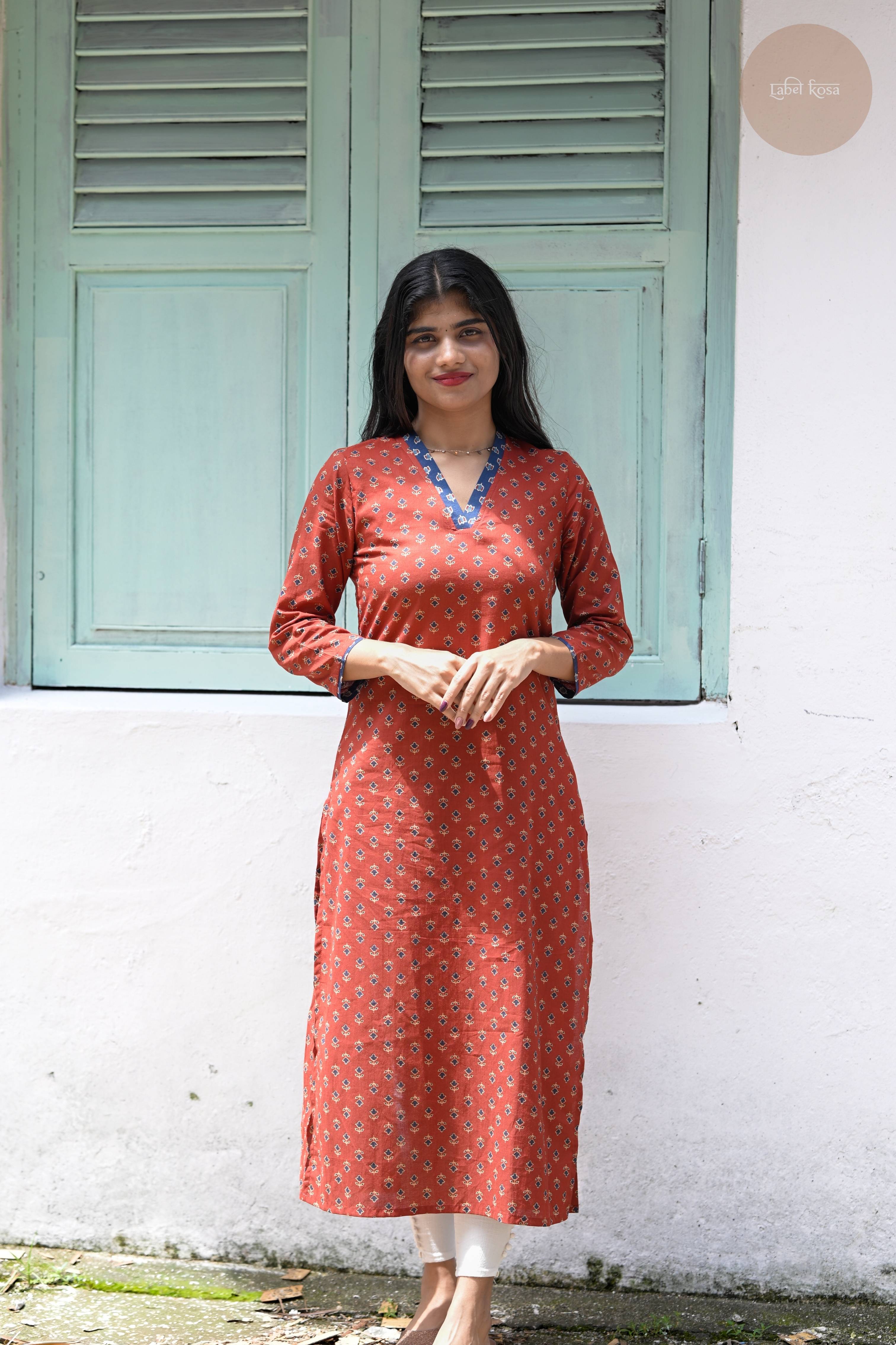 Taal - Screen Print Cotton Brick Red Kurti