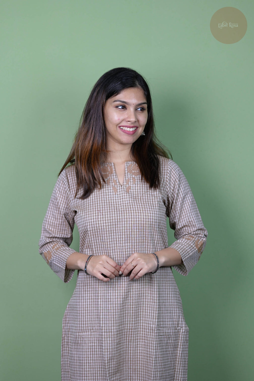 Raag -Self Check Cotton With Embroidery Light Brown Kurti