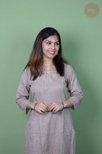 Raag -Self Check Cotton With Embroidery Light Brown Kurti