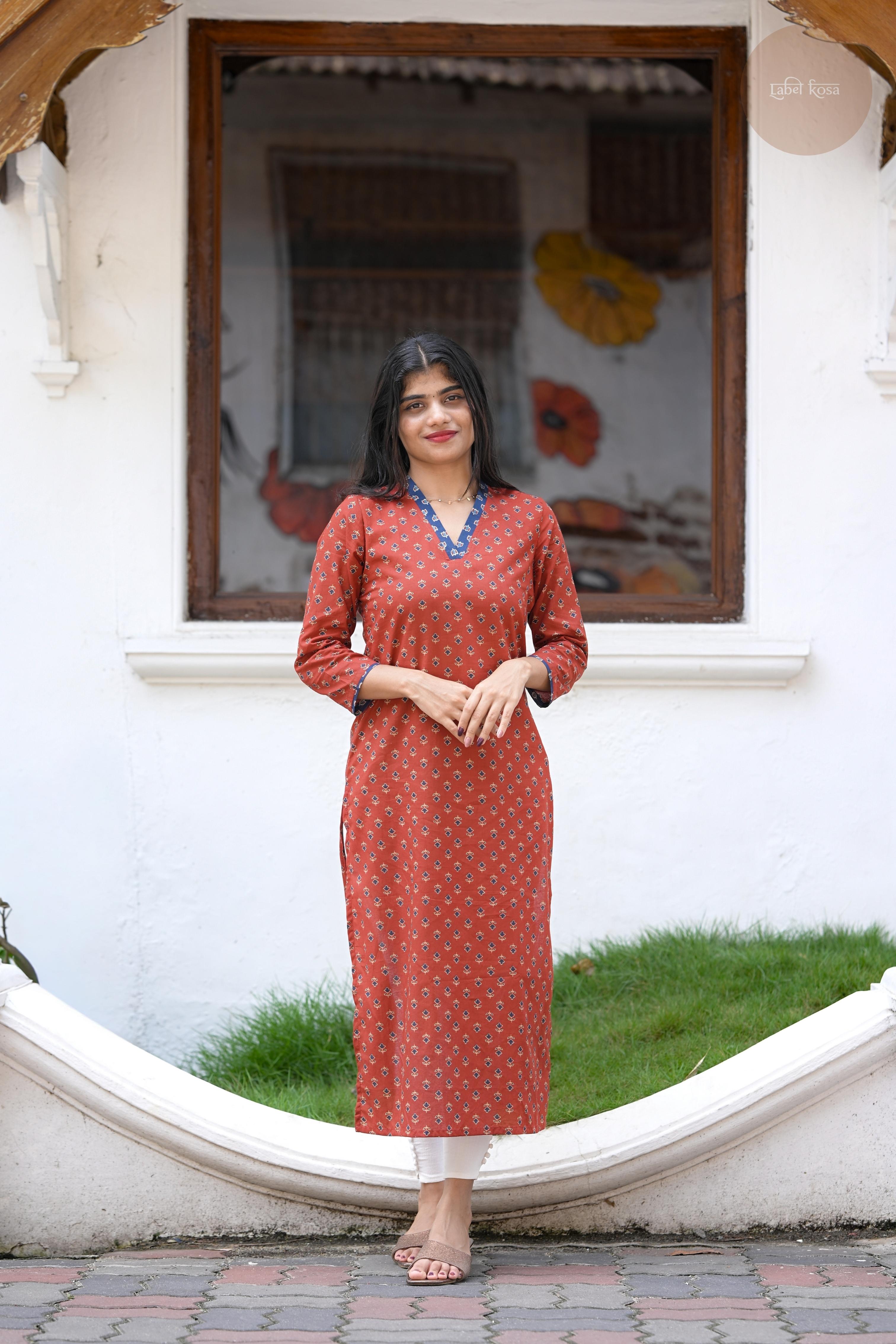 Taal - Screen Print Cotton Brick Red Kurti