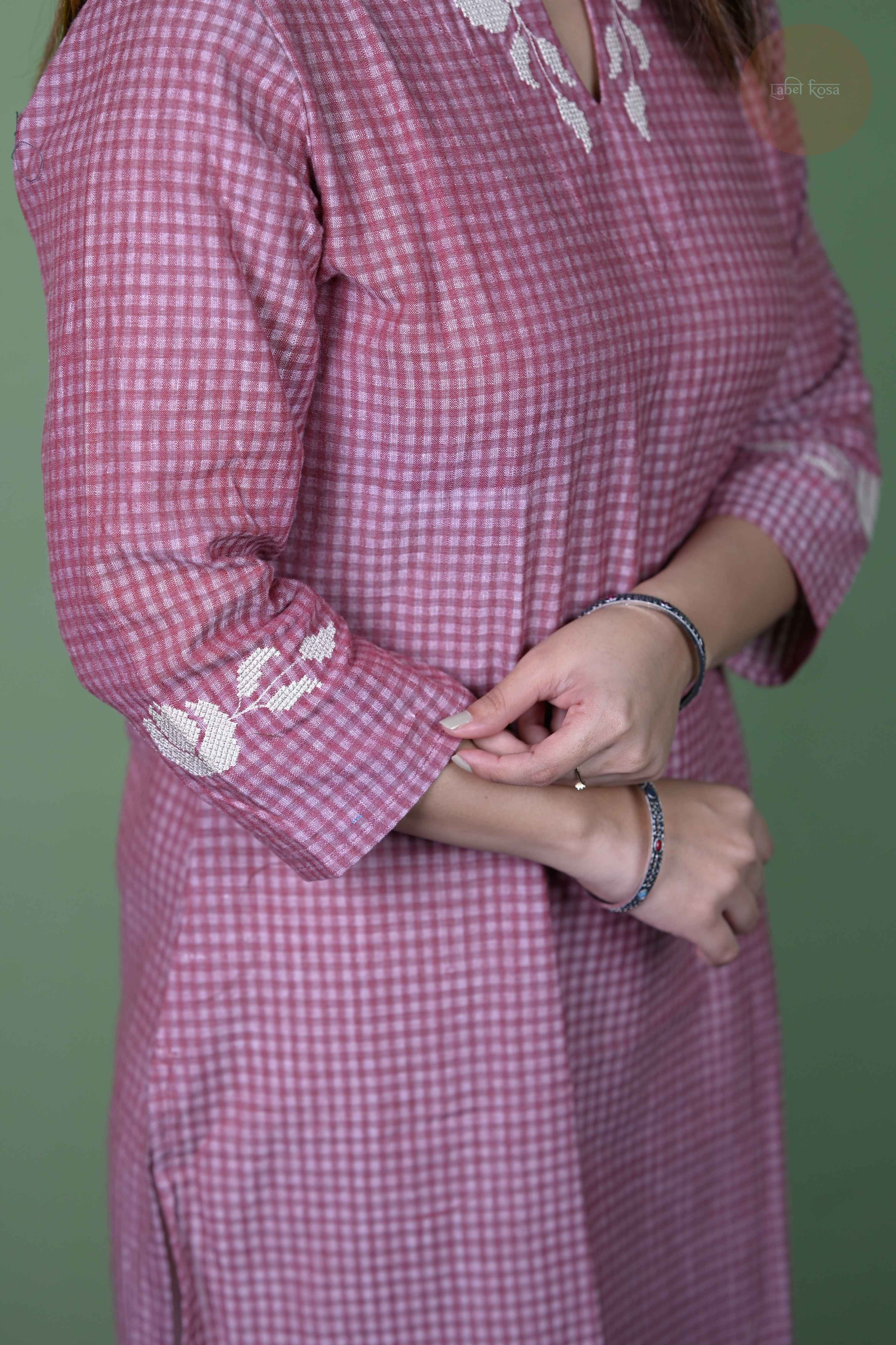 Raag -Self Check Cotton With Embroidery  Onion Pink Kurti
