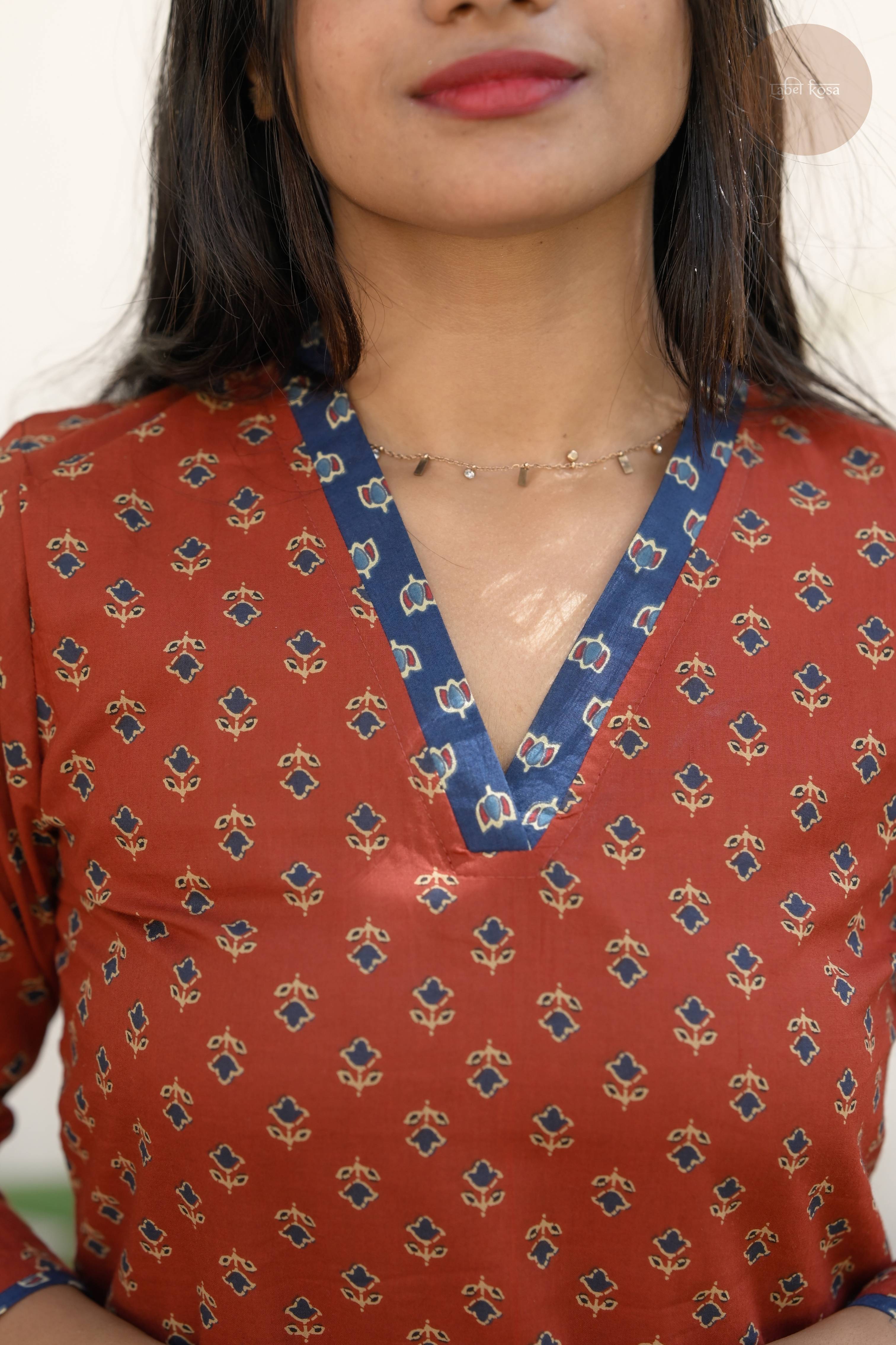 Taal - Screen Print Cotton Brick Red Kurti