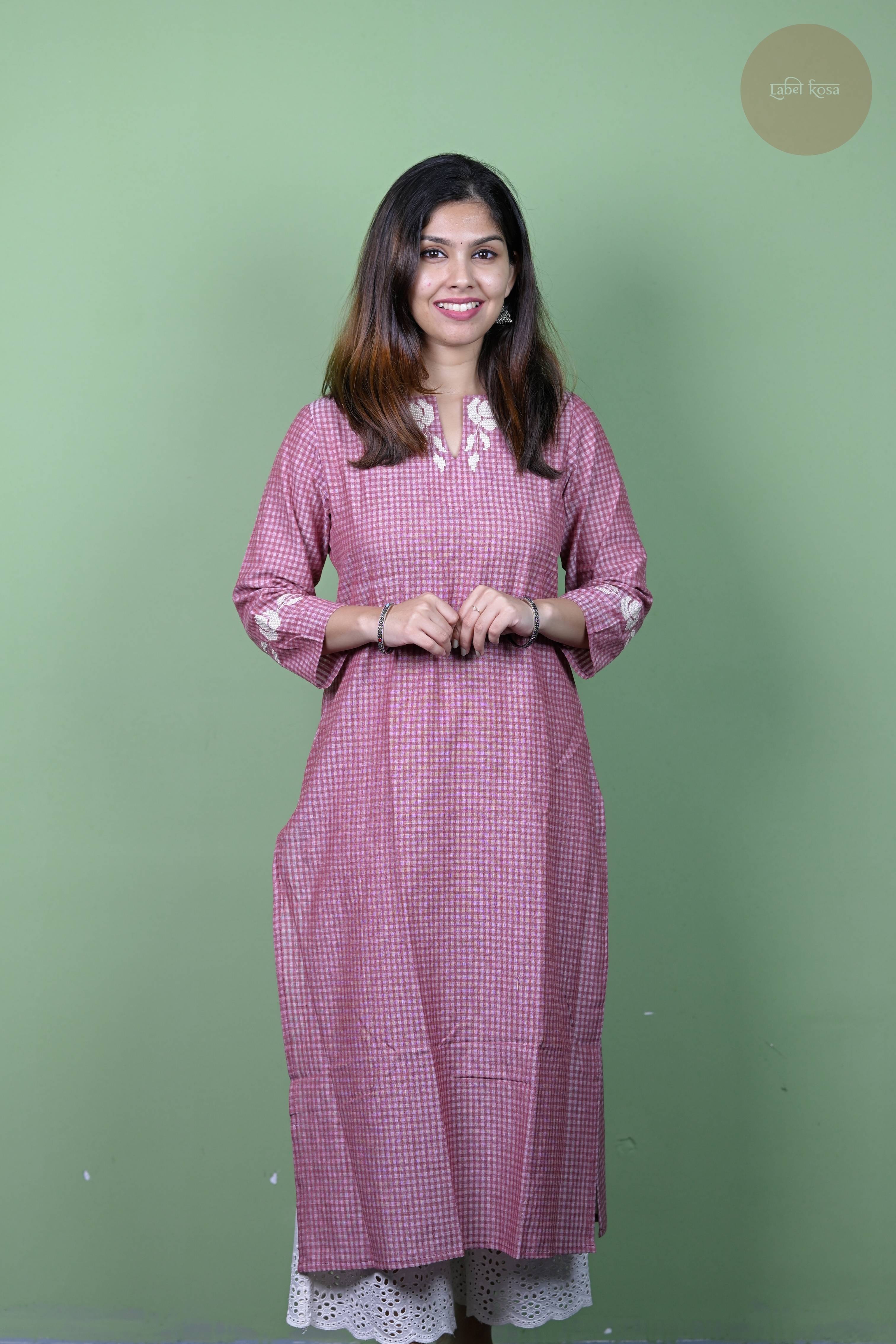 Raag -Self Check Cotton With Embroidery  Onion Pink Kurti