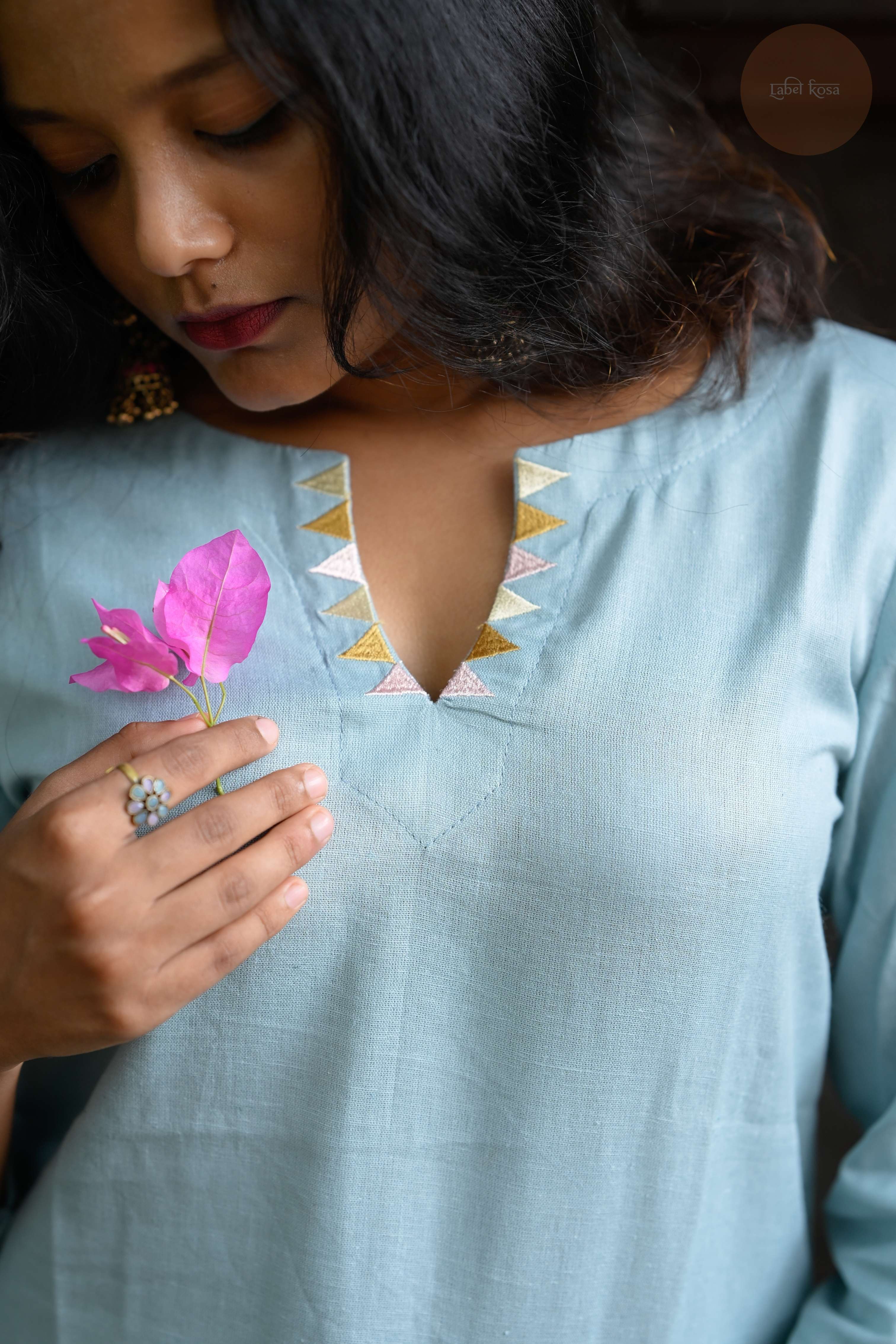 Triangle Edit - Cotton Flex With Embroidery Mint Blue Kurti