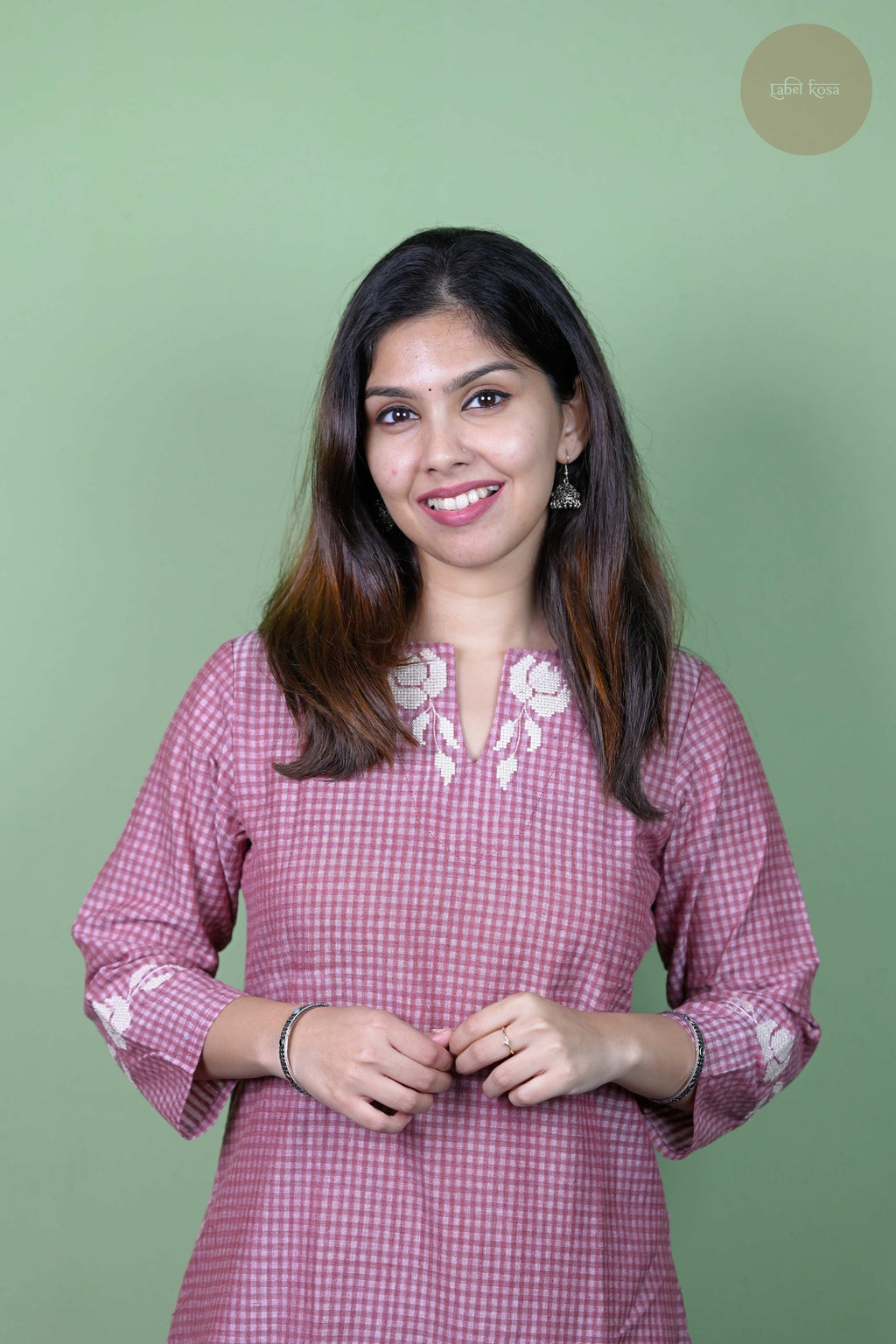Raag -Self Check Cotton With Embroidery  Onion Pink Kurti