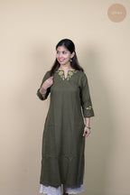 Raag -Self Check Cotton With Embroidery Sap Green Kurti