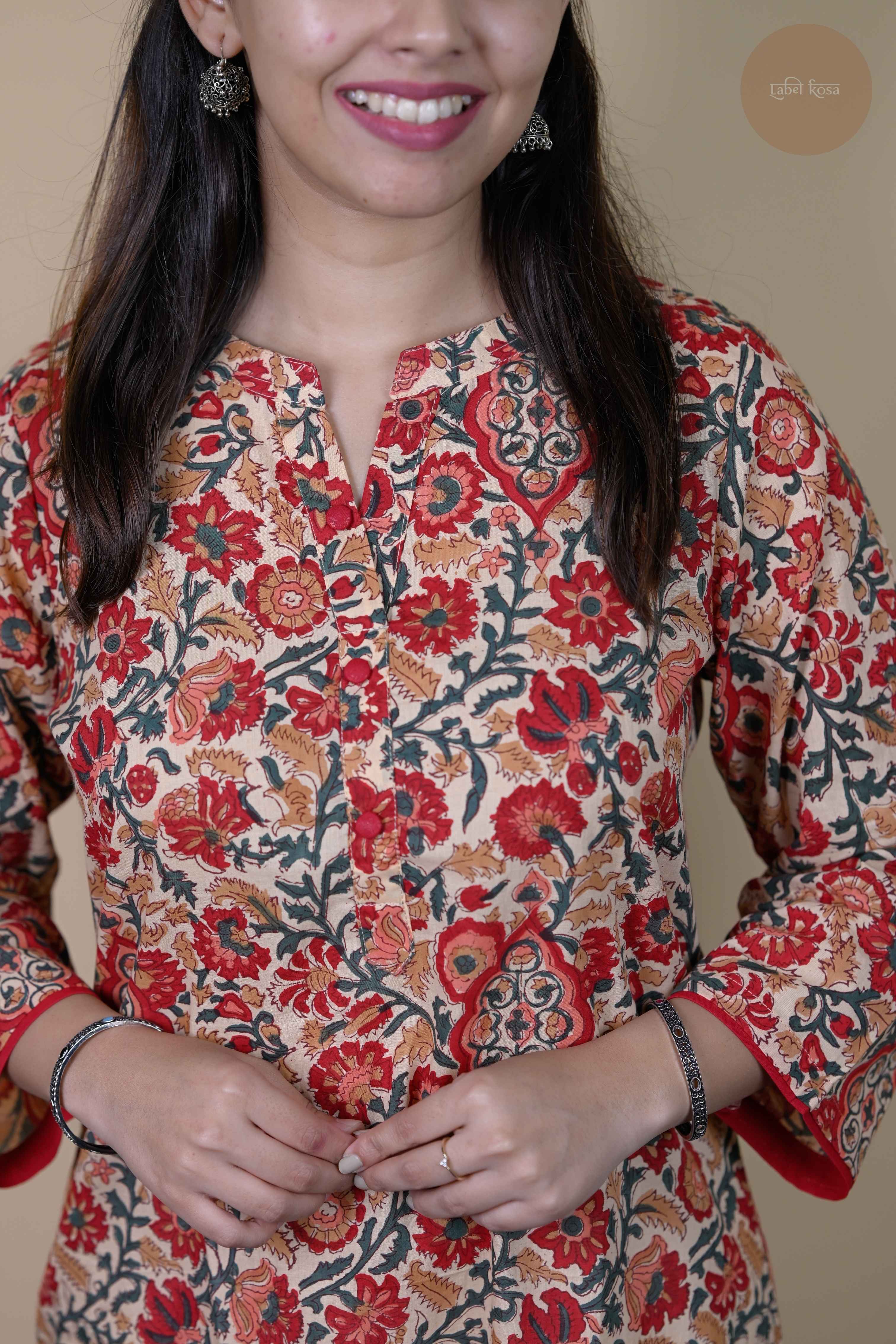 Niram - Handblock Rust Red Floral Kurti