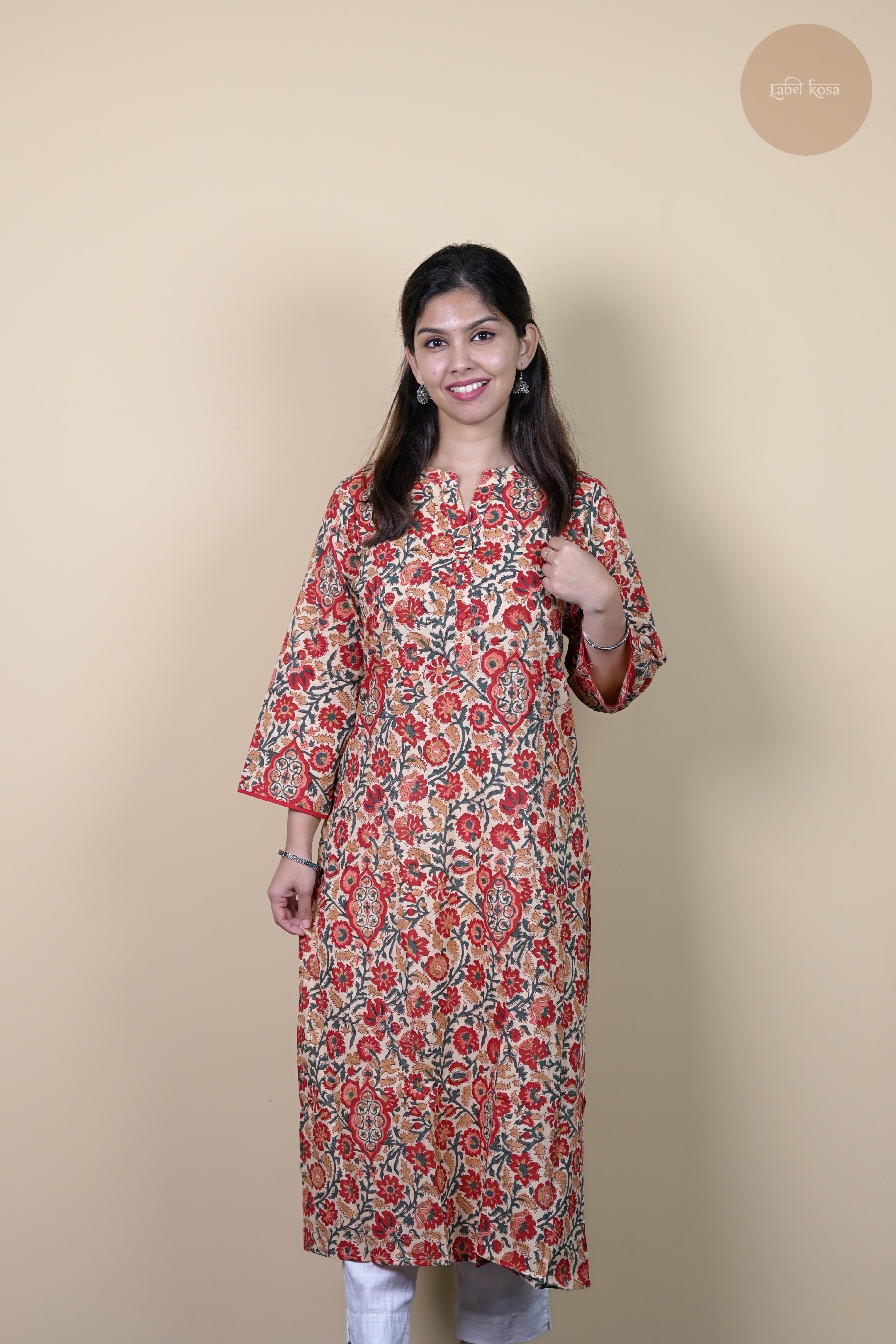 Niram - Handblock Rust Red Floral Kurti