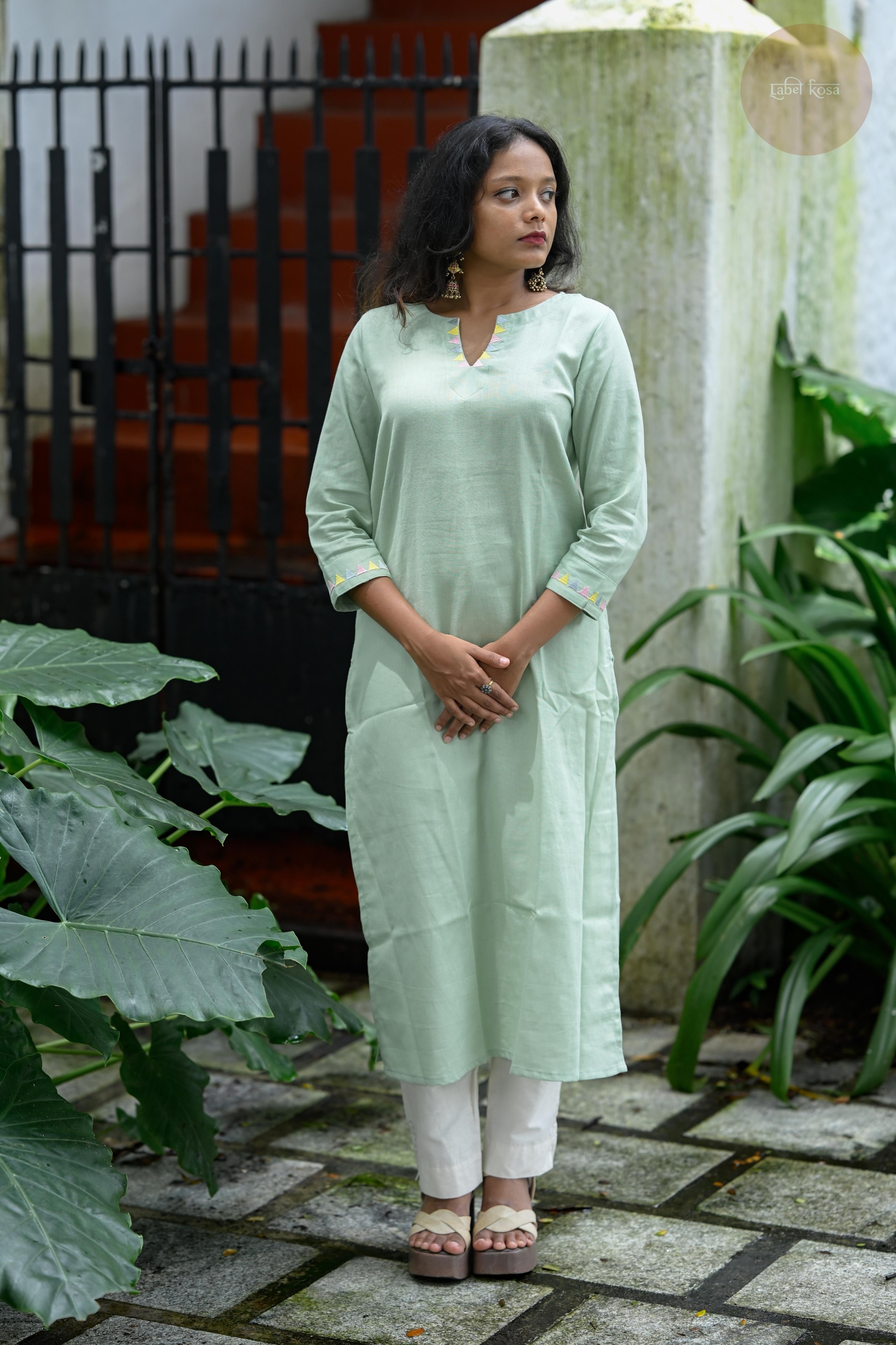 Triangle Edit - Cotton Flex With Embroidery Mint Green Kurti