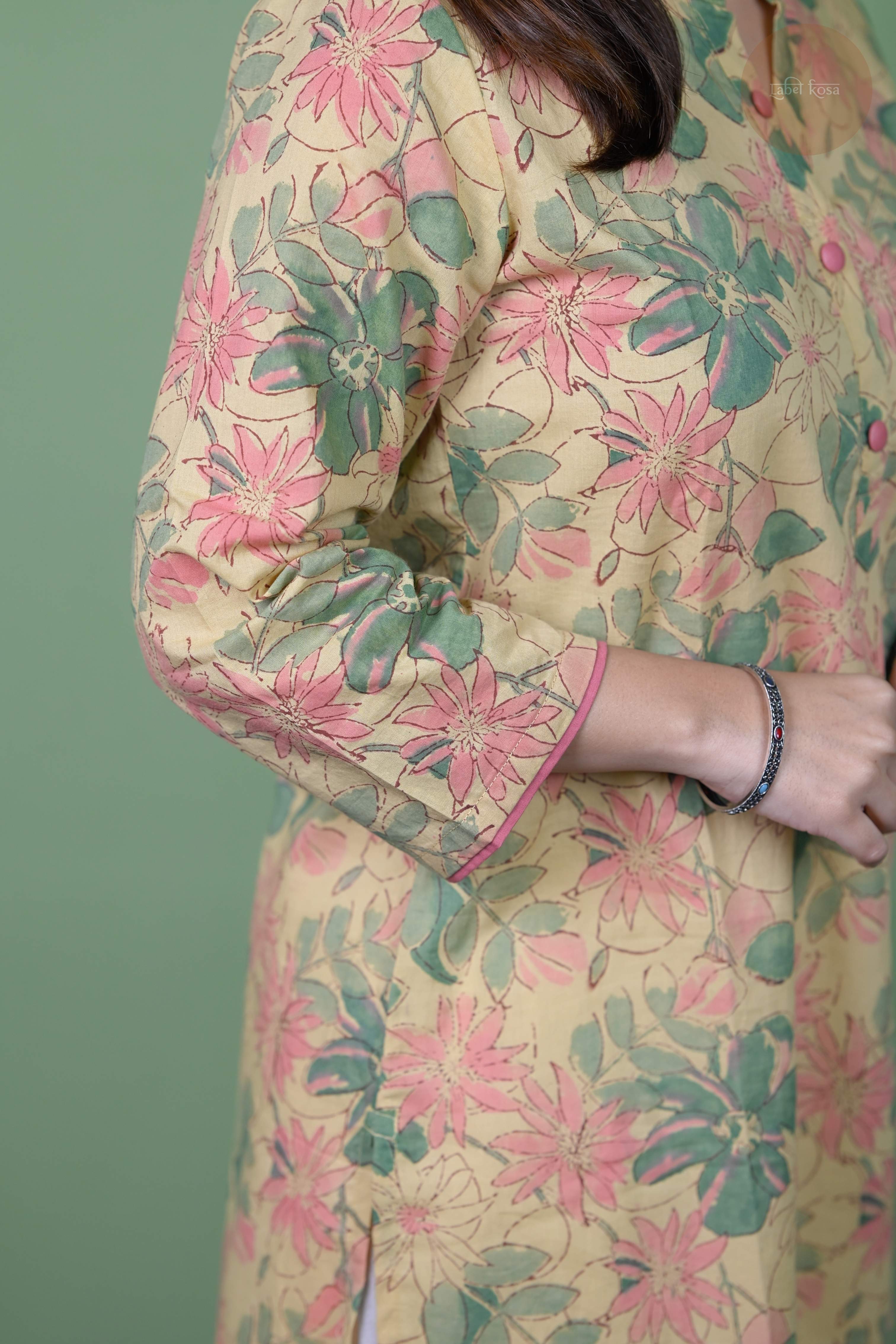 Niram - Handblock Beige Floral Kurti