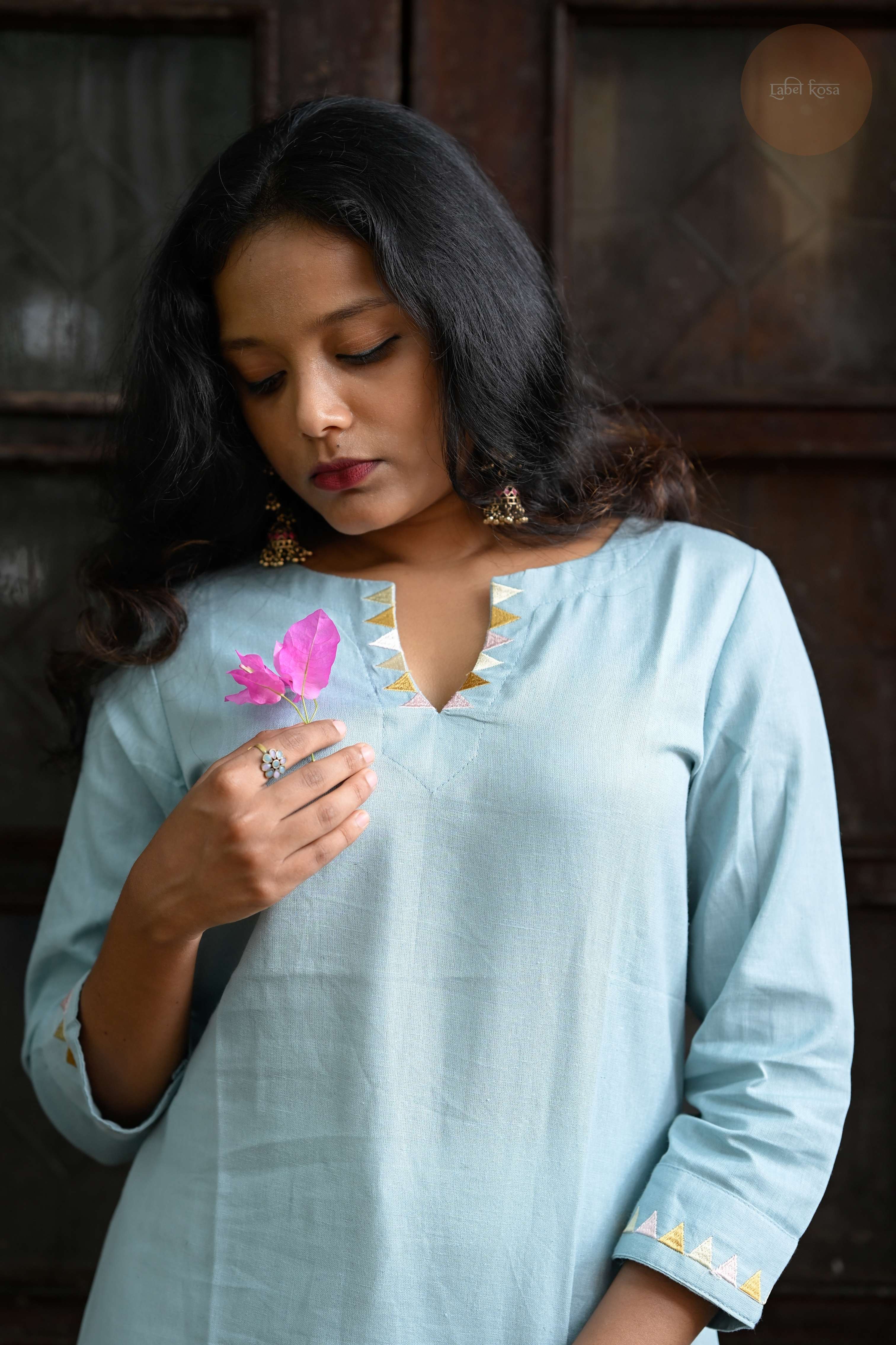 Triangle Edit - Cotton Flex With Embroidery Mint Blue Kurti