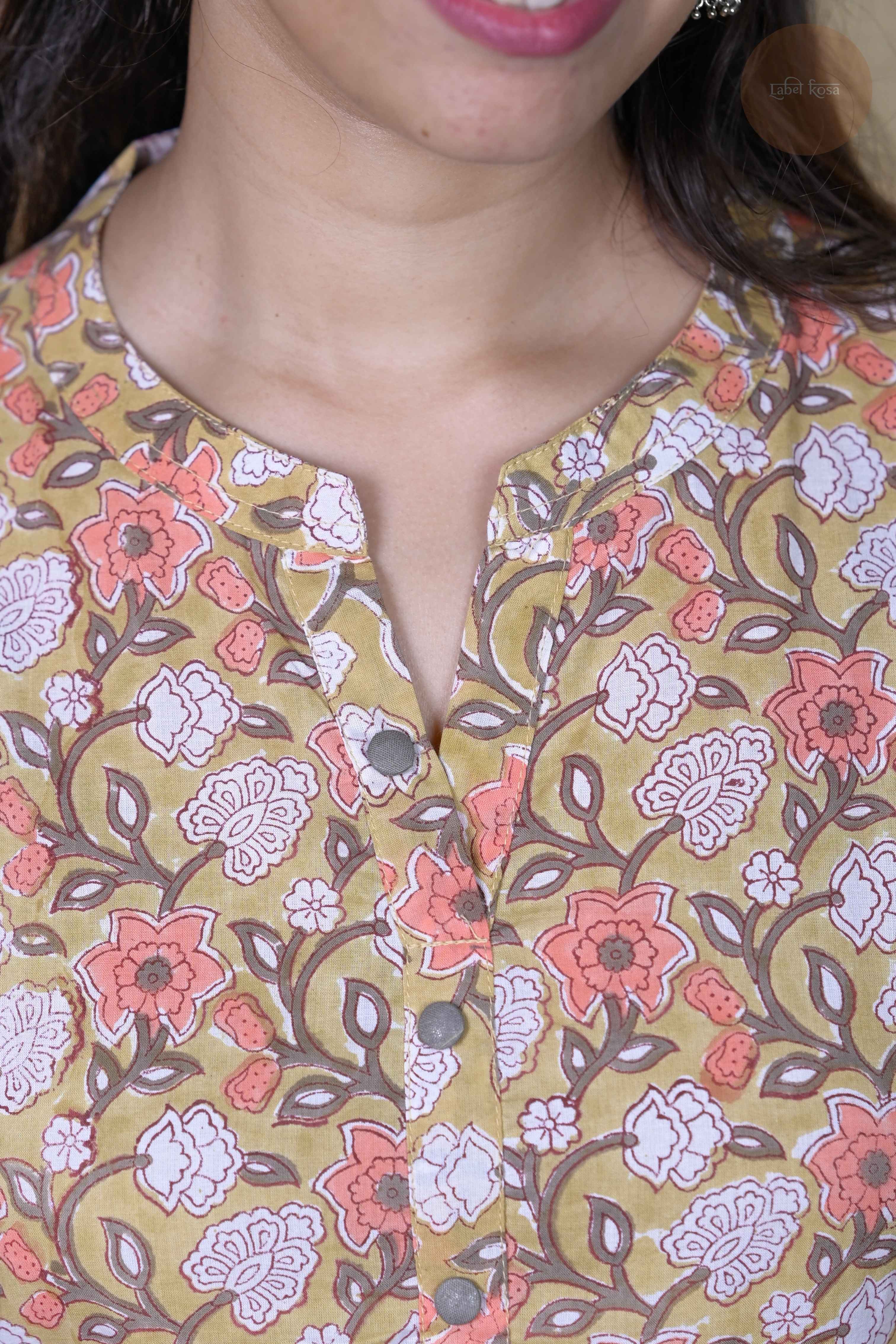 Niram - Handblock Peach Floral Kurti