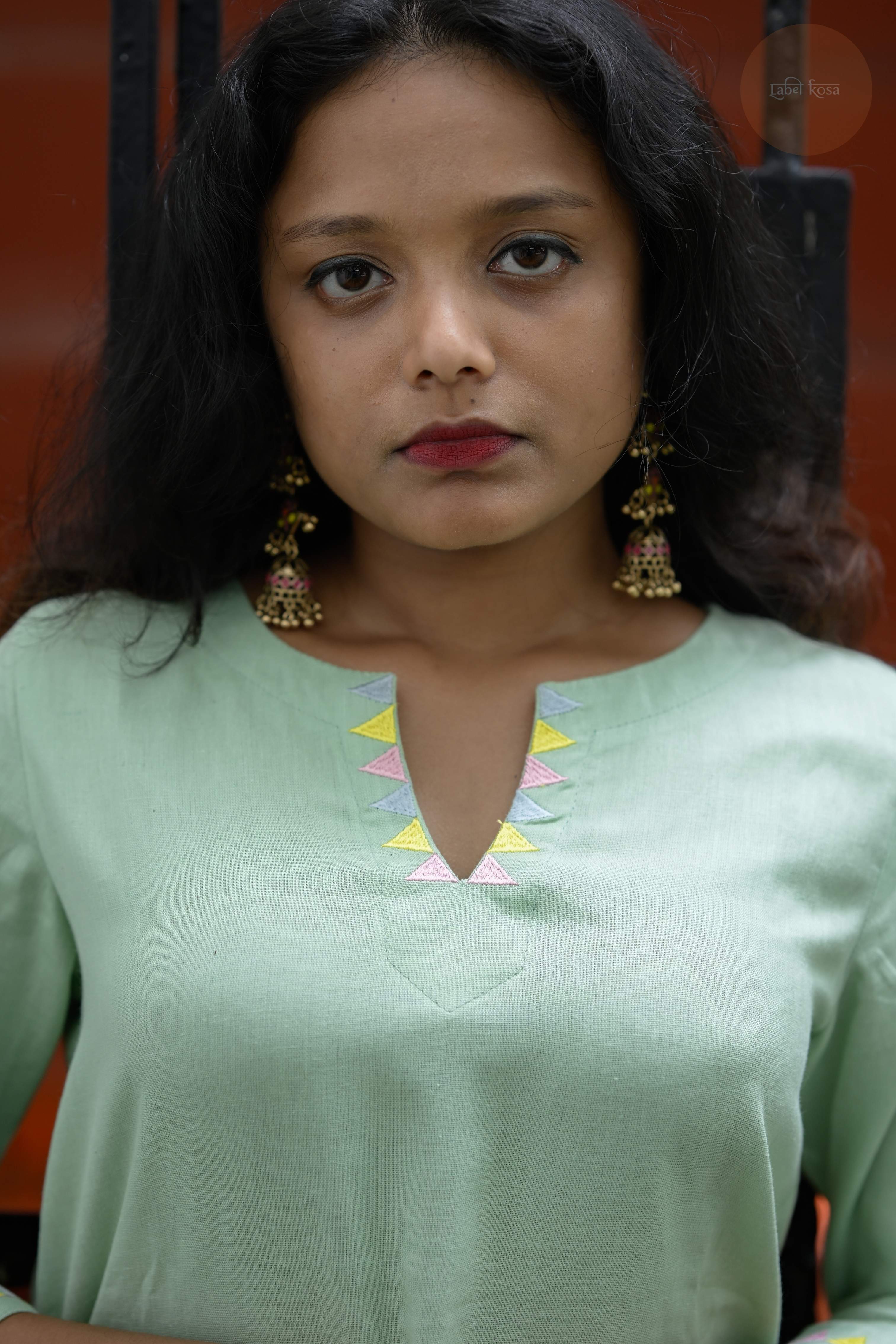 Triangle Edit - Cotton Flex With Embroidery Mint Green Kurti