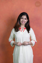 Raag -Self Check Cotton With Embroidery Off White Kurti