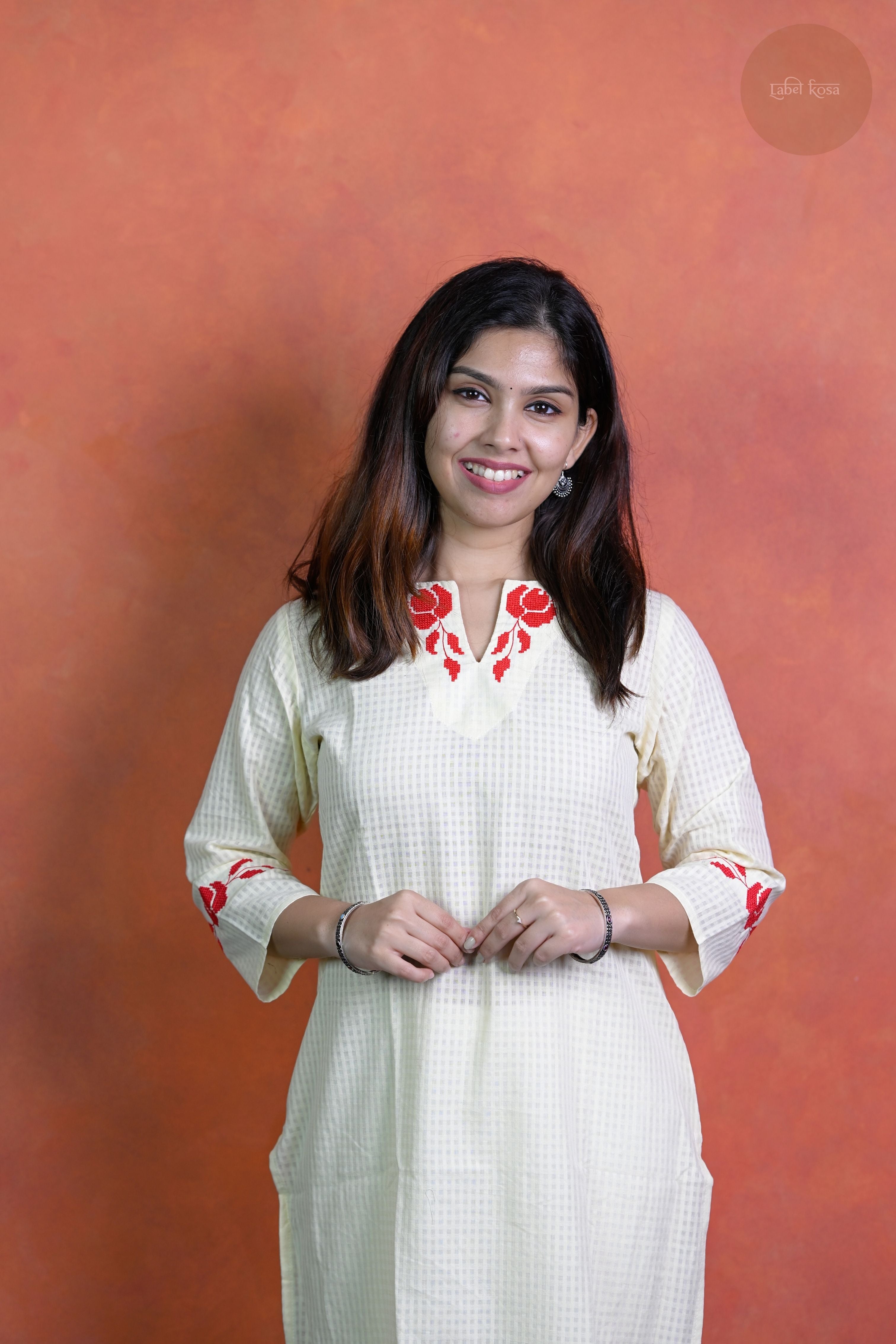 Raag -Self Check Cotton With Embroidery Off White Kurti