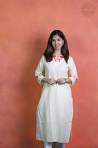 Raag -Self Check Cotton With Embroidery Off White Kurti