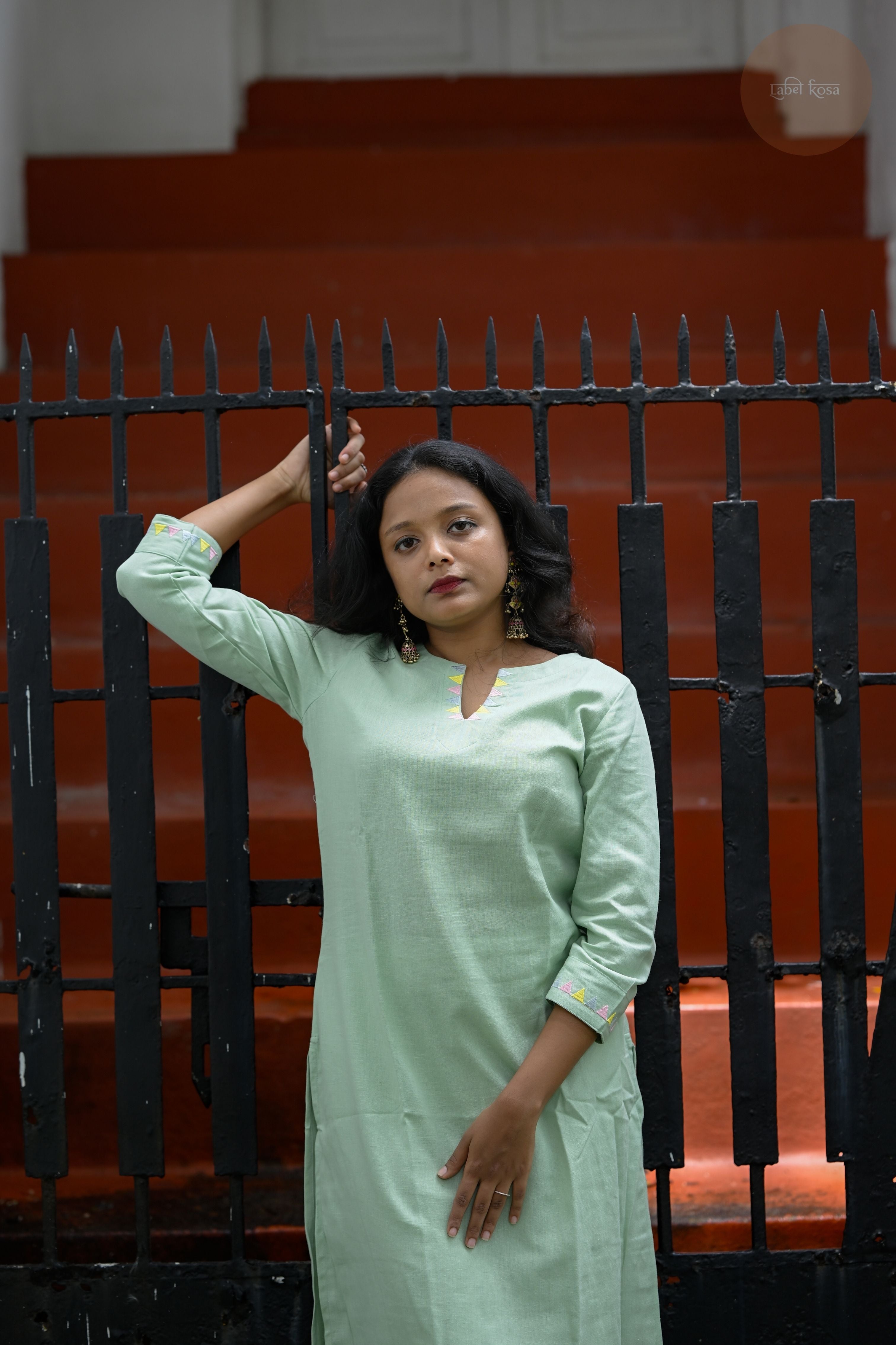 Triangle Edit - Cotton Flex With Embroidery Mint Green Kurti