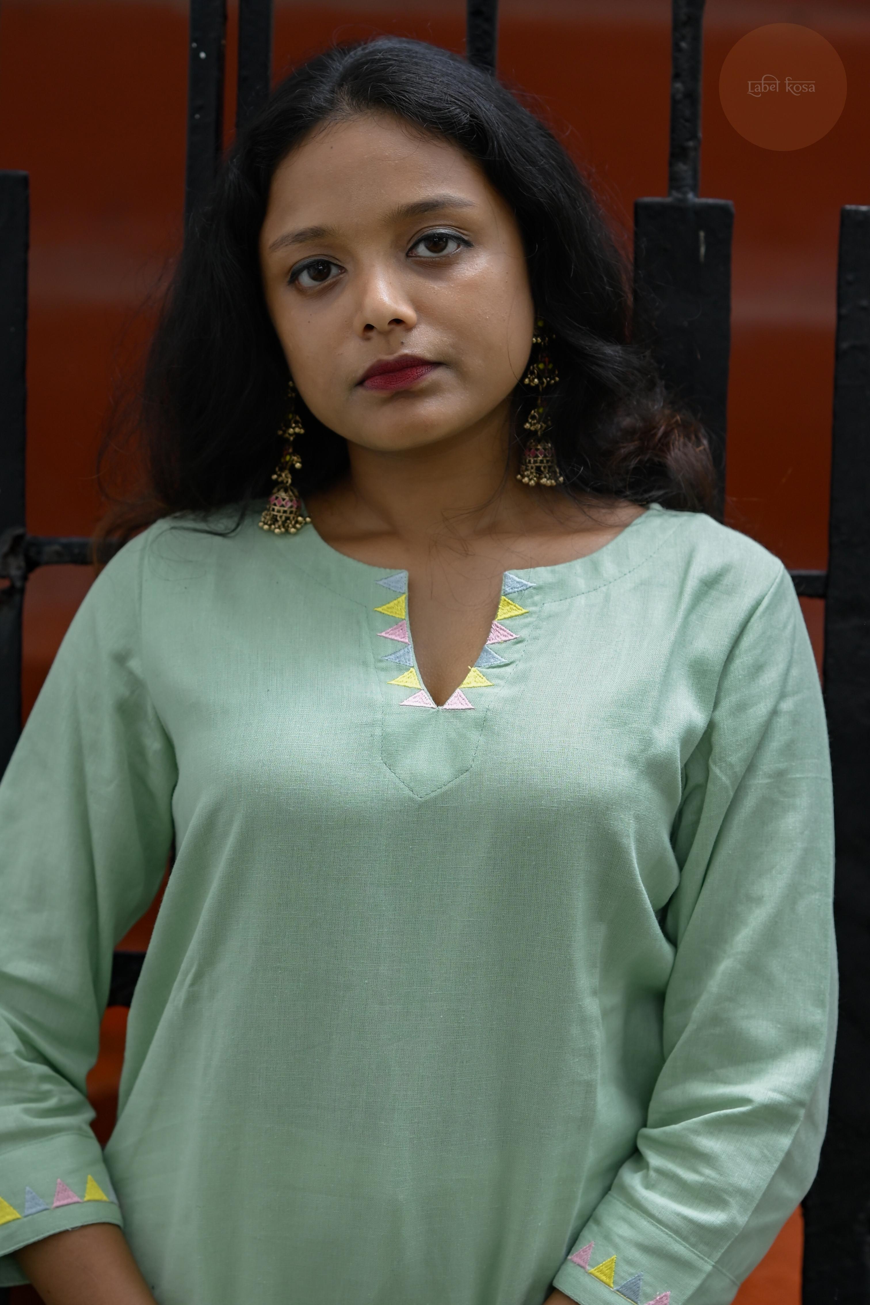Triangle Edit - Cotton Flex With Embroidery Mint Green Kurti