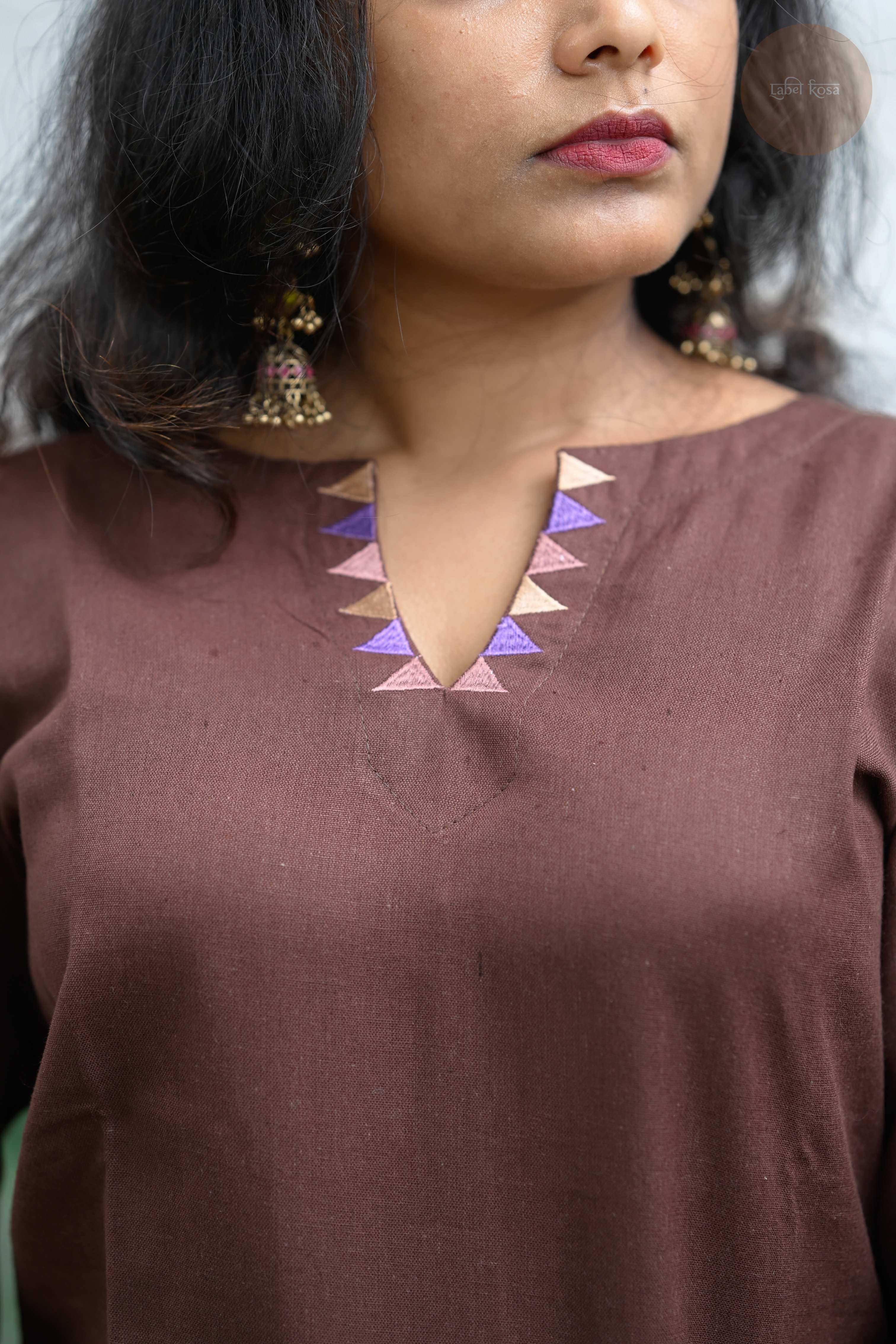 Triangle Edit - Cotton Flex With Embroidery Coffee Brown Kurti