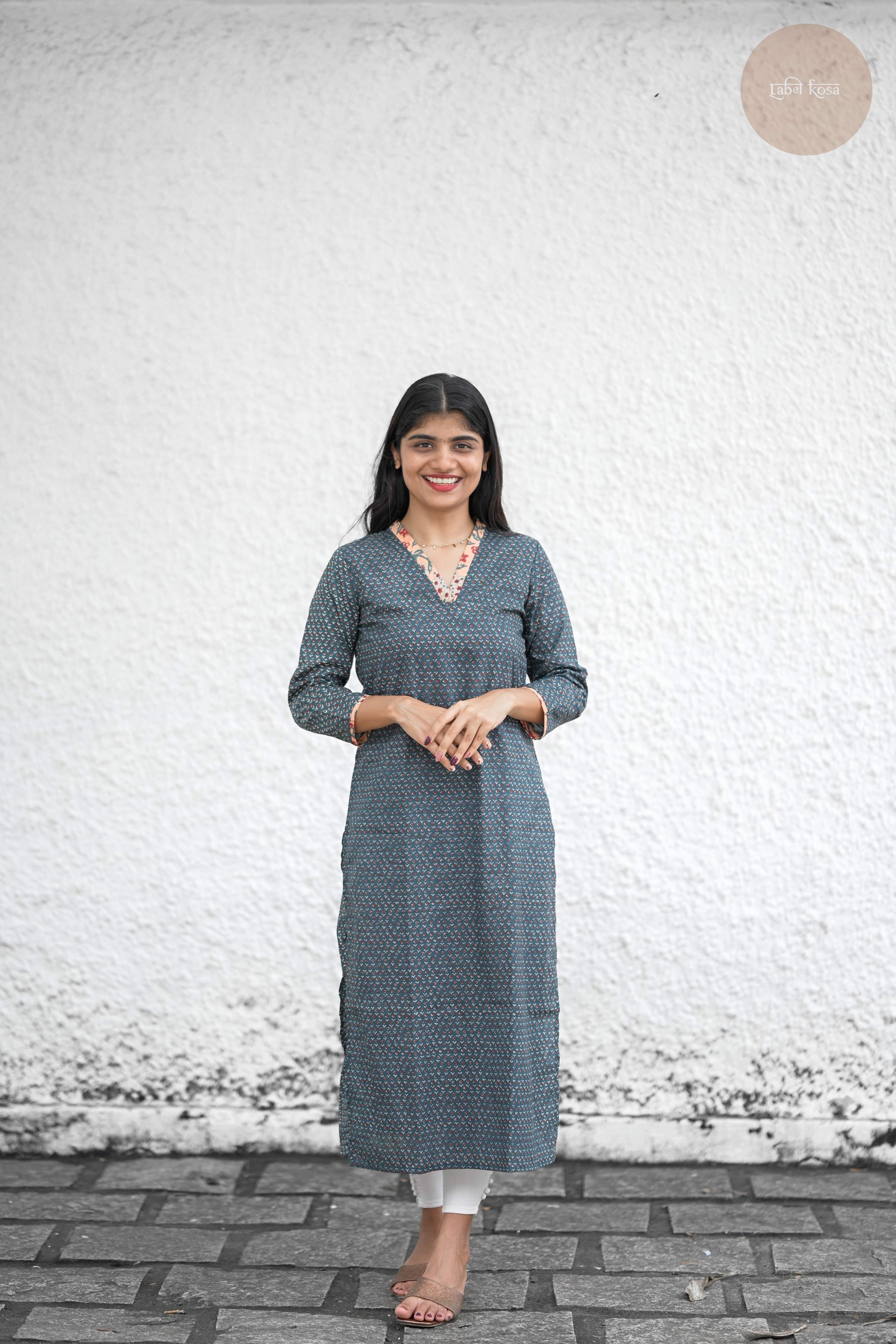 Taal - Screen Print Cotton Peacock Green Kurti