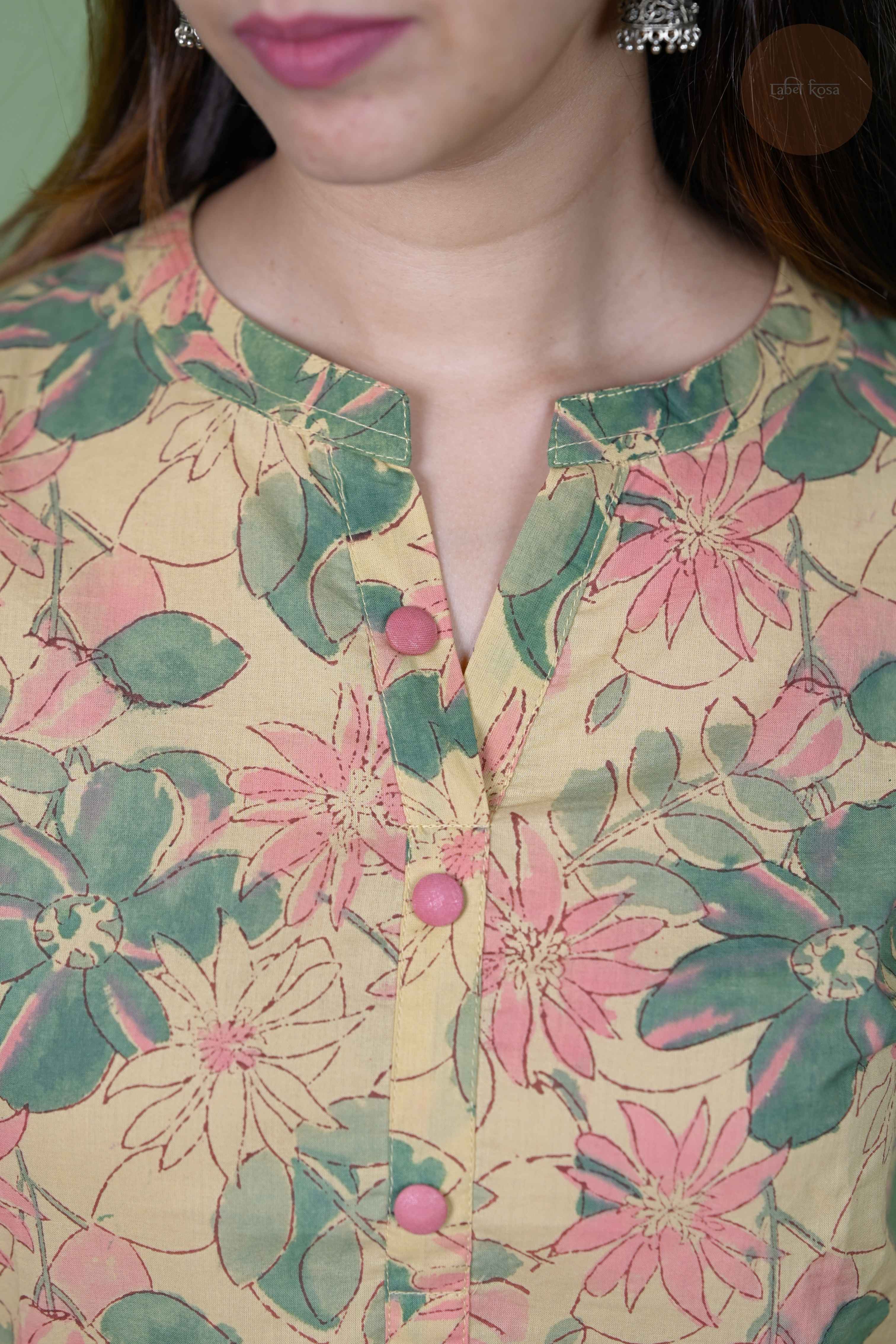 Niram - Handblock Beige Floral Kurti
