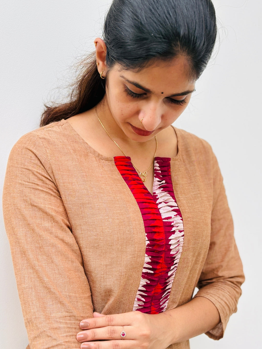 Rooh - Mangalgiri Pintuck  Mud Brown Red Patch Kurti