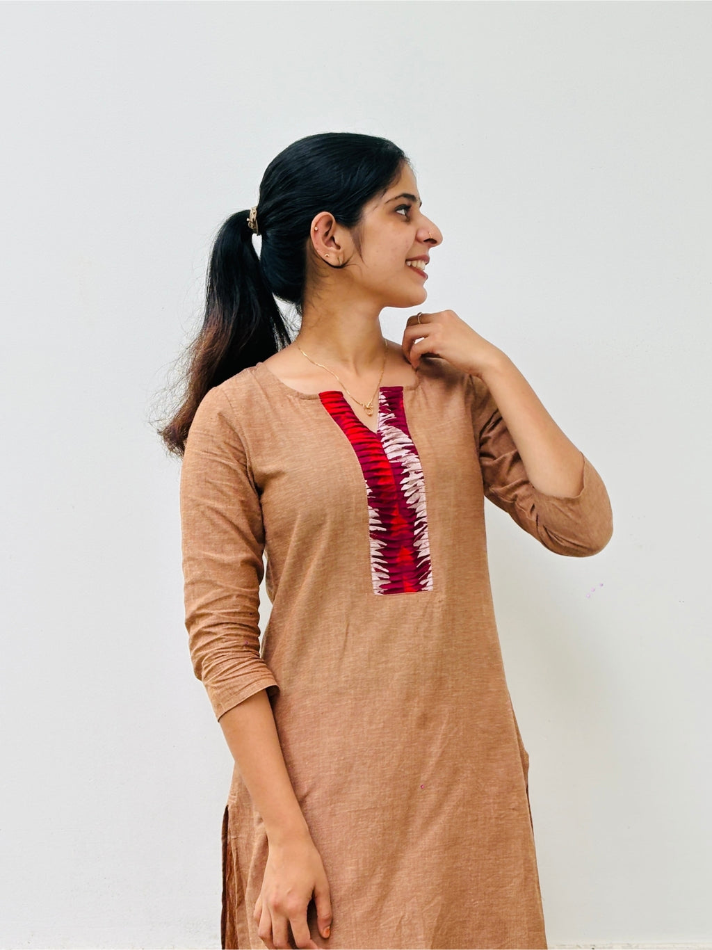 Rooh - Mangalgiri Pintuck  Mud Brown Red Patch Kurti