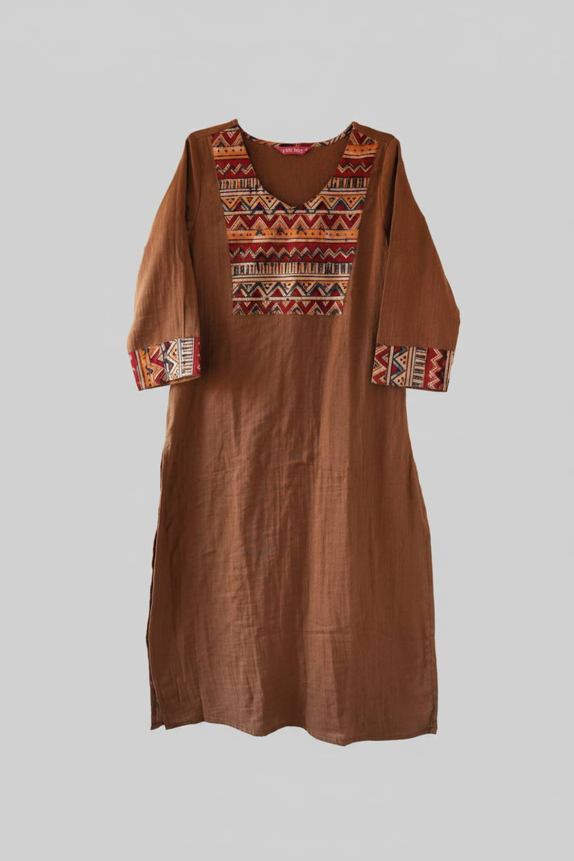 Saaz - Double Gauze Crinkled Muslin With Kalamkari Patch | Brown Kurti
