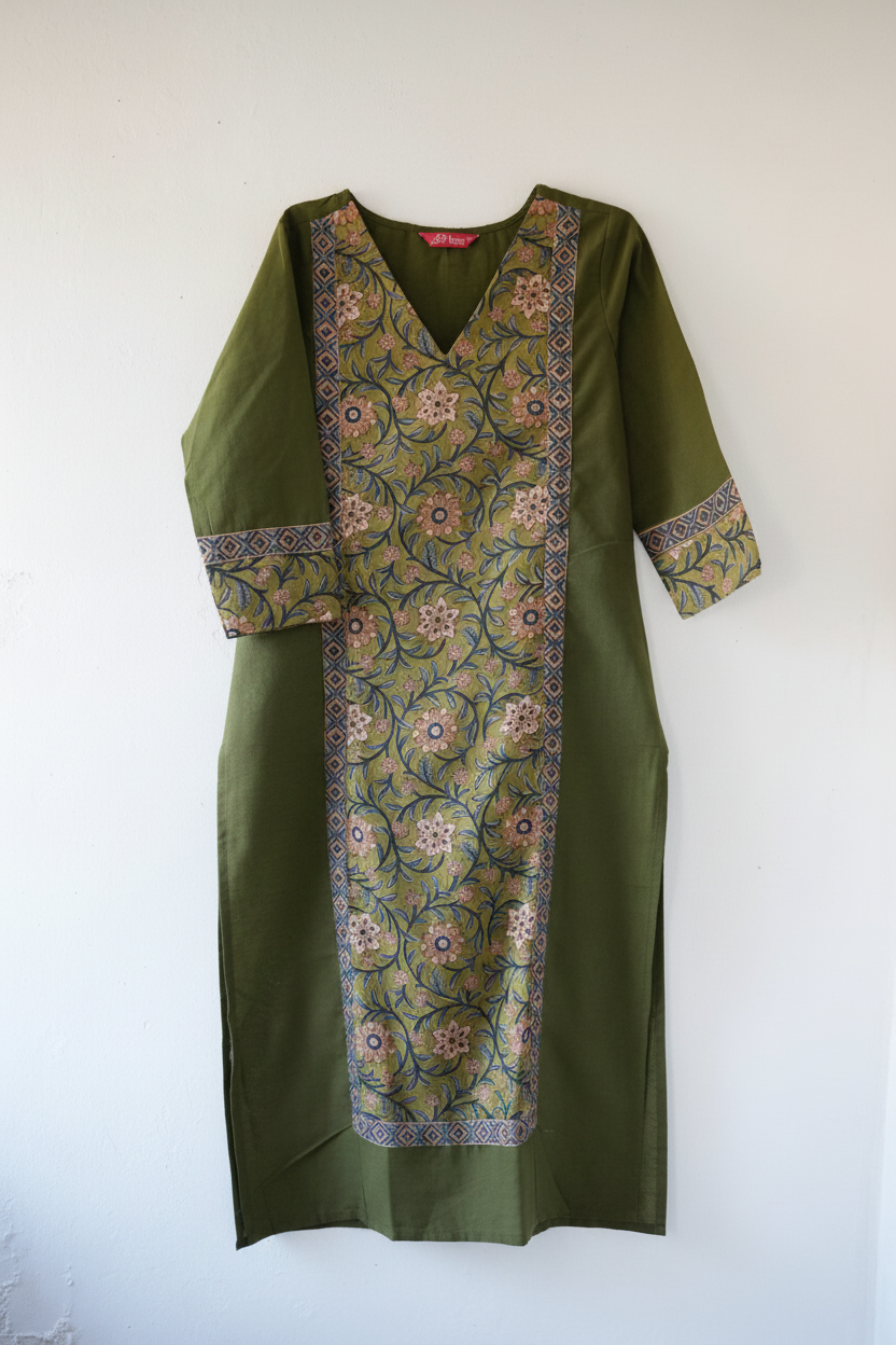 Sakhi - Linen-Cotton With Handblock Patch | Dull Green Kurti