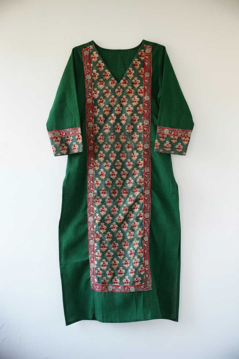 Sakhi - Mangalgiri With Handblock Patch | Bottle Green Kurti