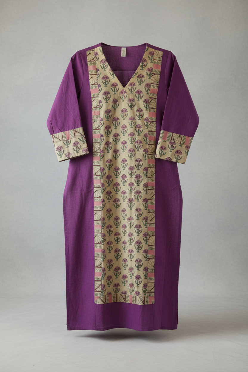 Sakhi - Mangalgiri With Handblock Patch | Purple Kurti